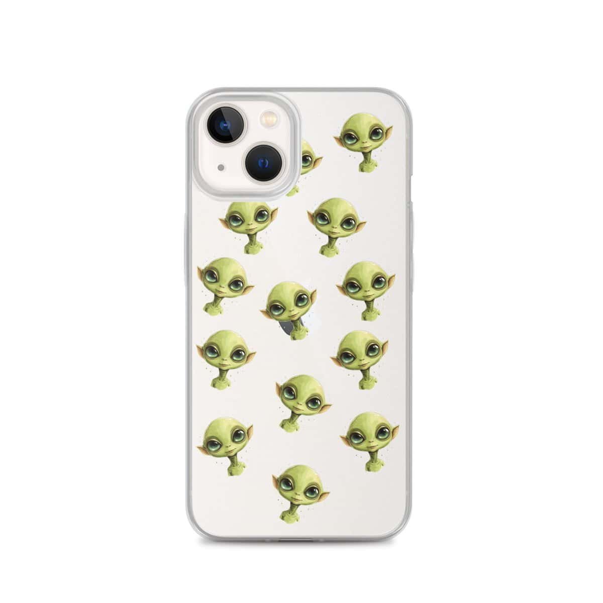 A clear phone case adorned with adorable aliens.