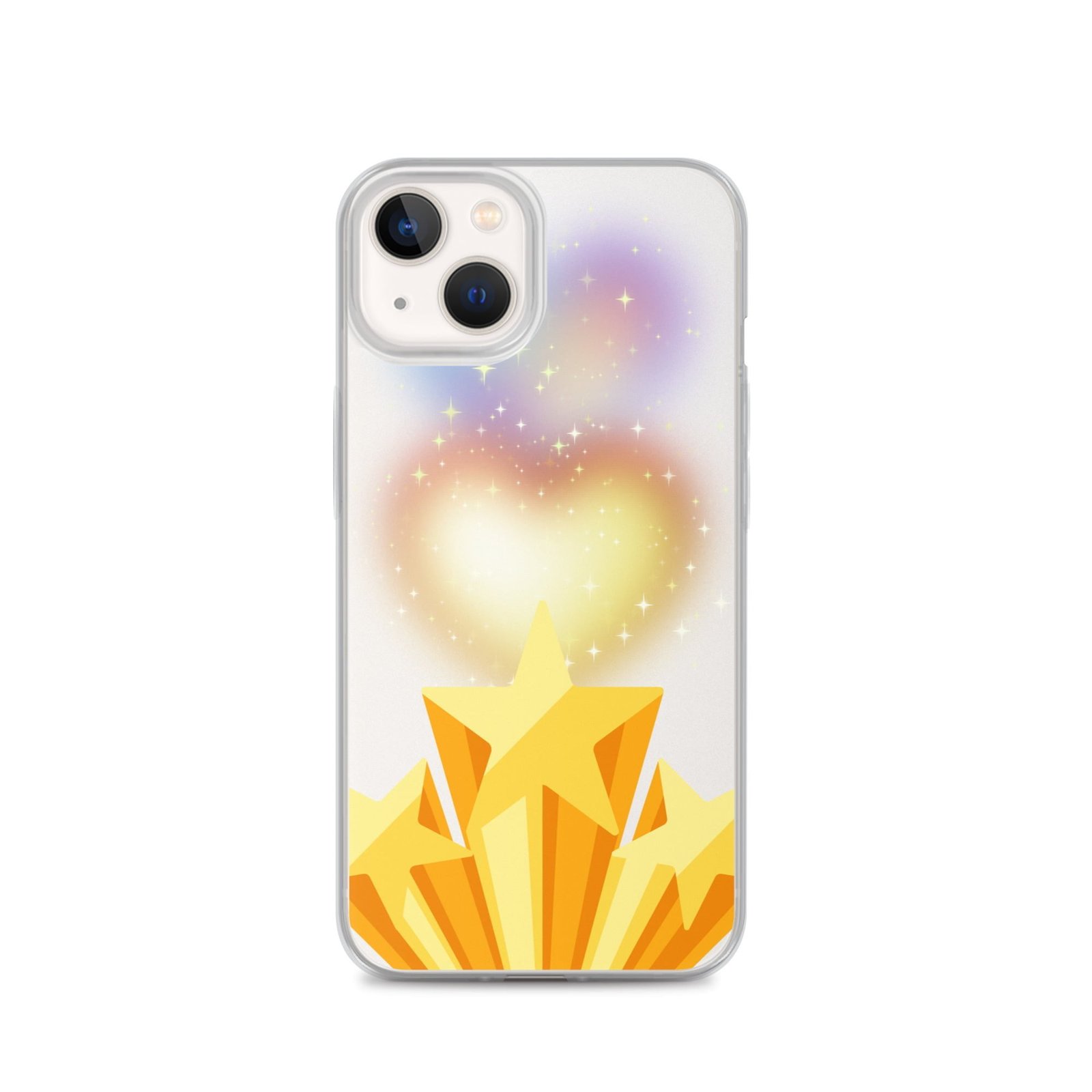 A clear phone case adorned with a star and a heart, embodying the perfect harmony between love and the vastness of space.