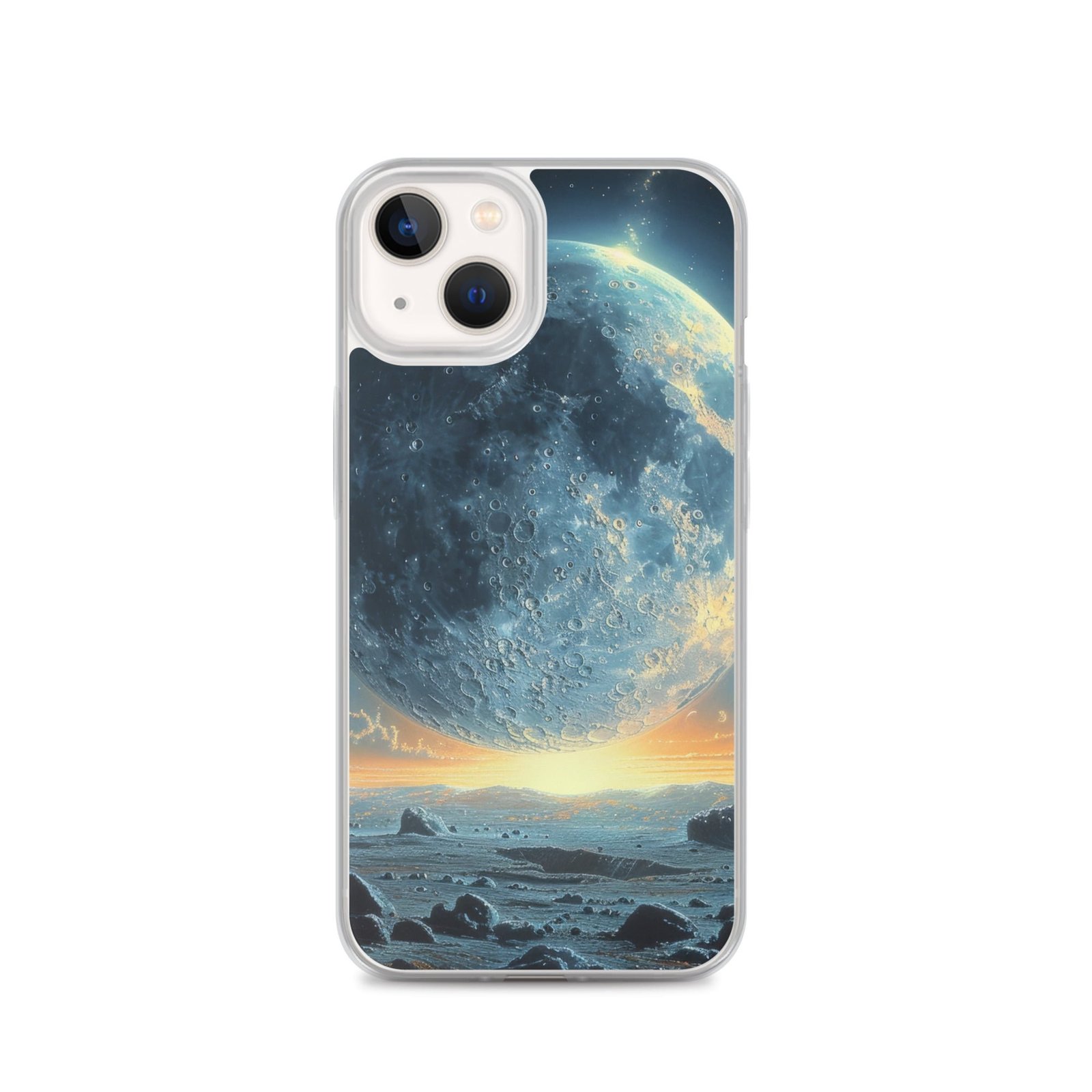 A phone case with a clear image of the moon and rocks, perfect for iPhone users who want to feel closer to the moon.