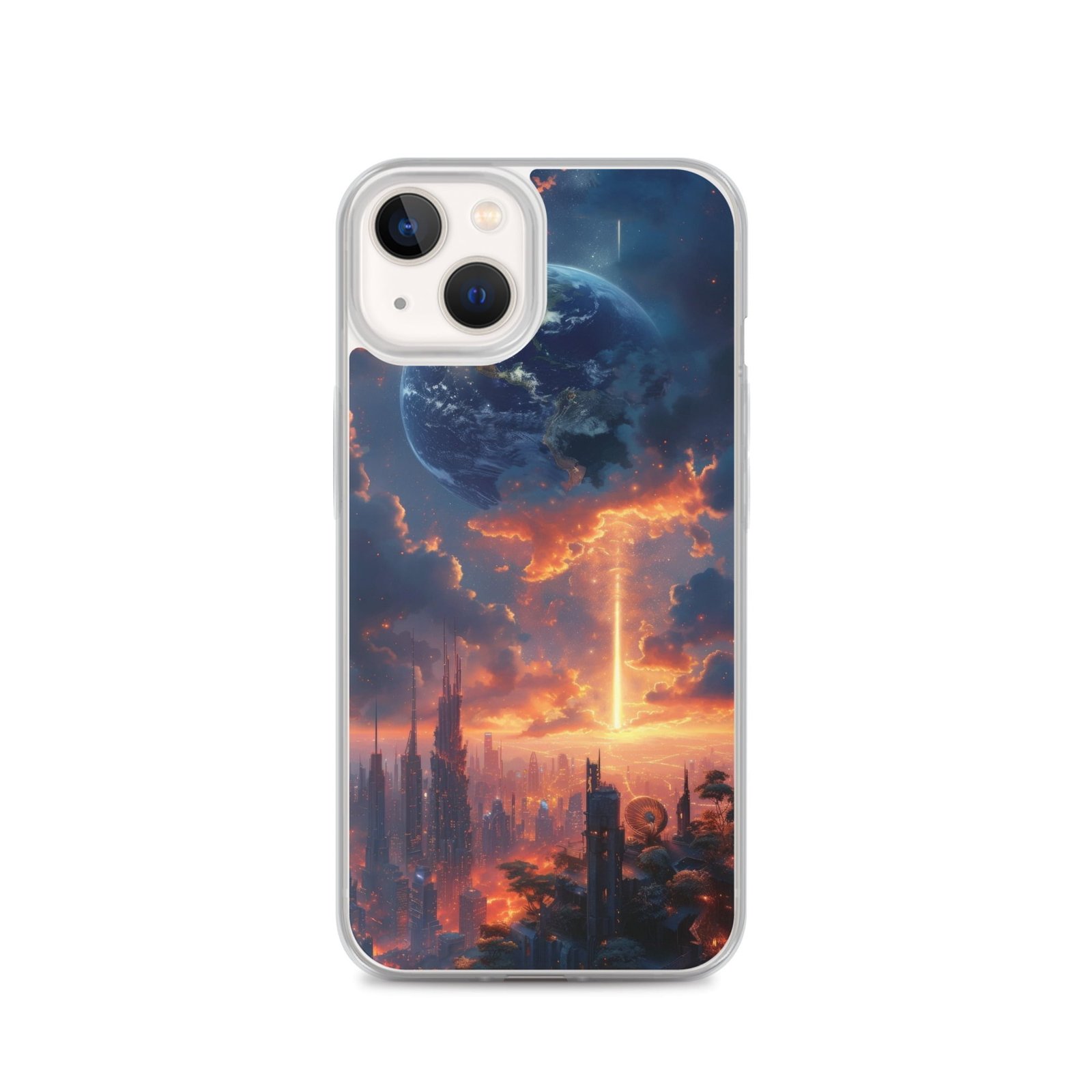 A clear iPhone case with an image of a city at sunset.