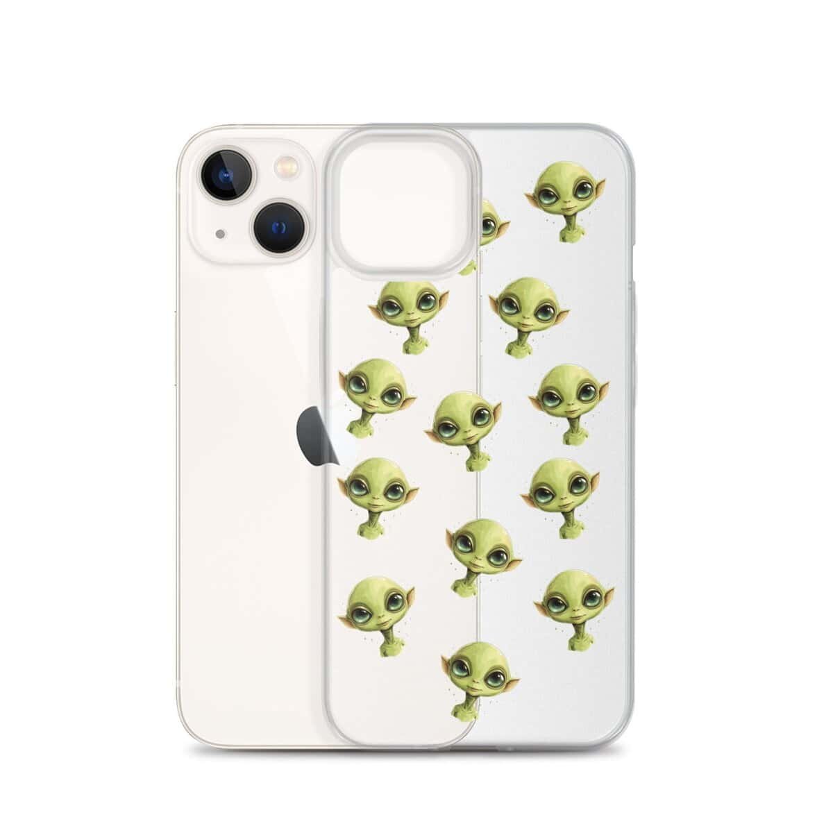 A clear iPhone case with green alien faces on it.