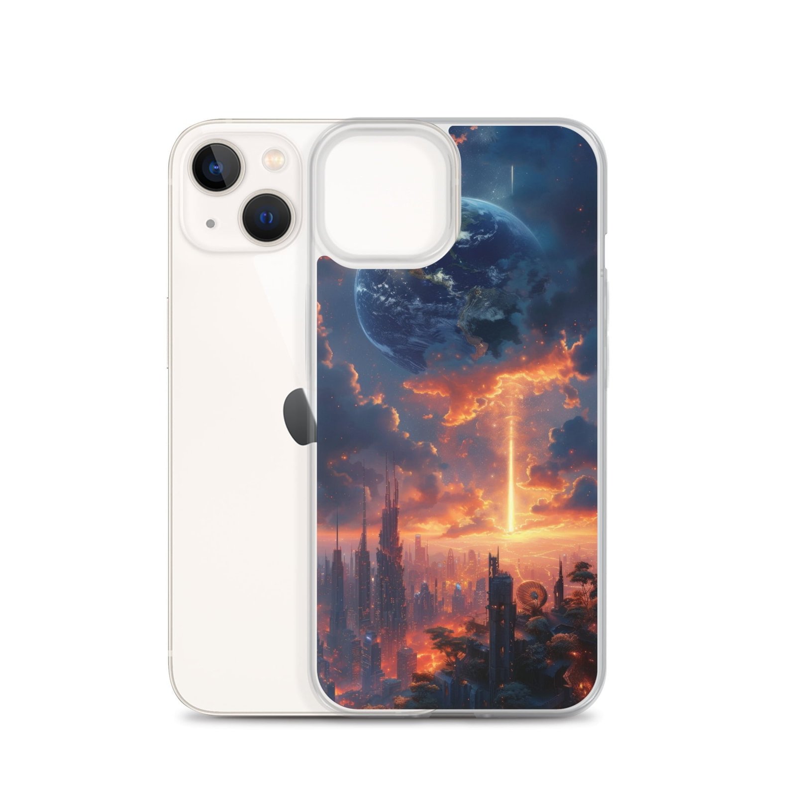A clear iPhone case featuring a captivating image of a city at sunset, capturing the splendid hues of the Earth's fading light.