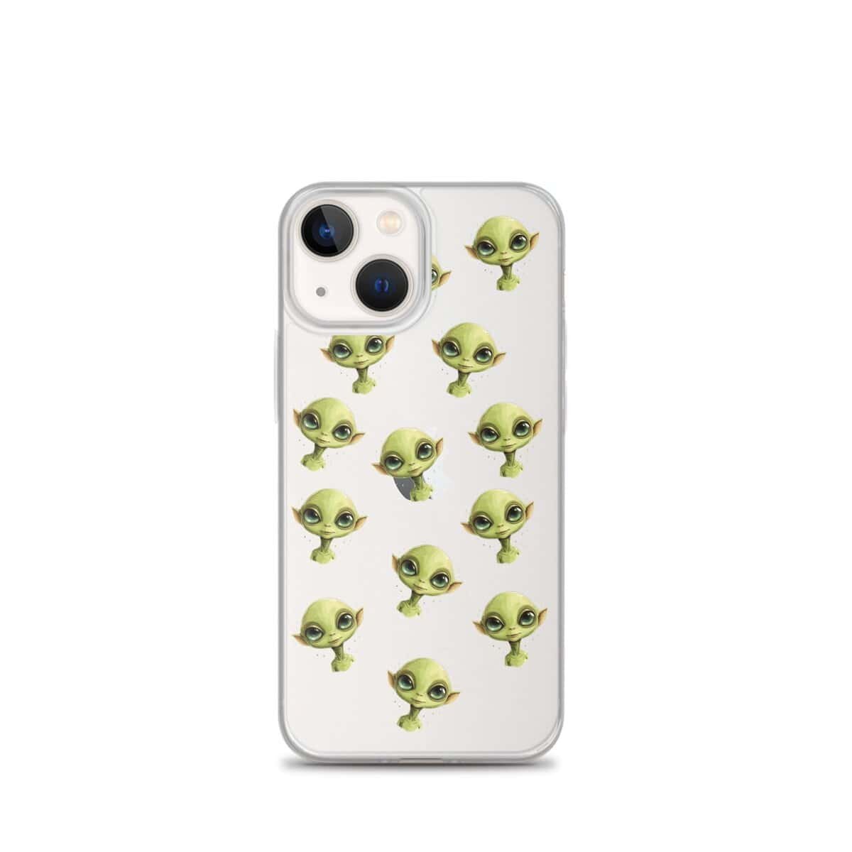 A white phone case with green aliens on it.