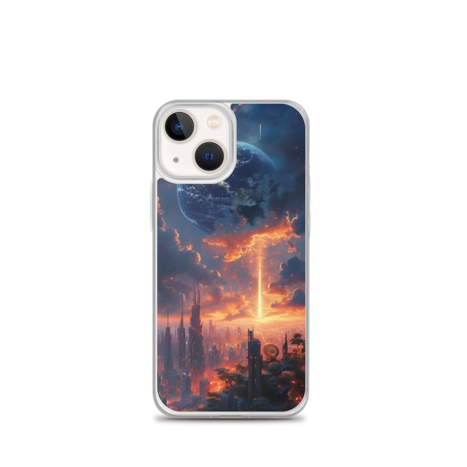 A clear iPhone 11 case featuring an image of a city at sunset.