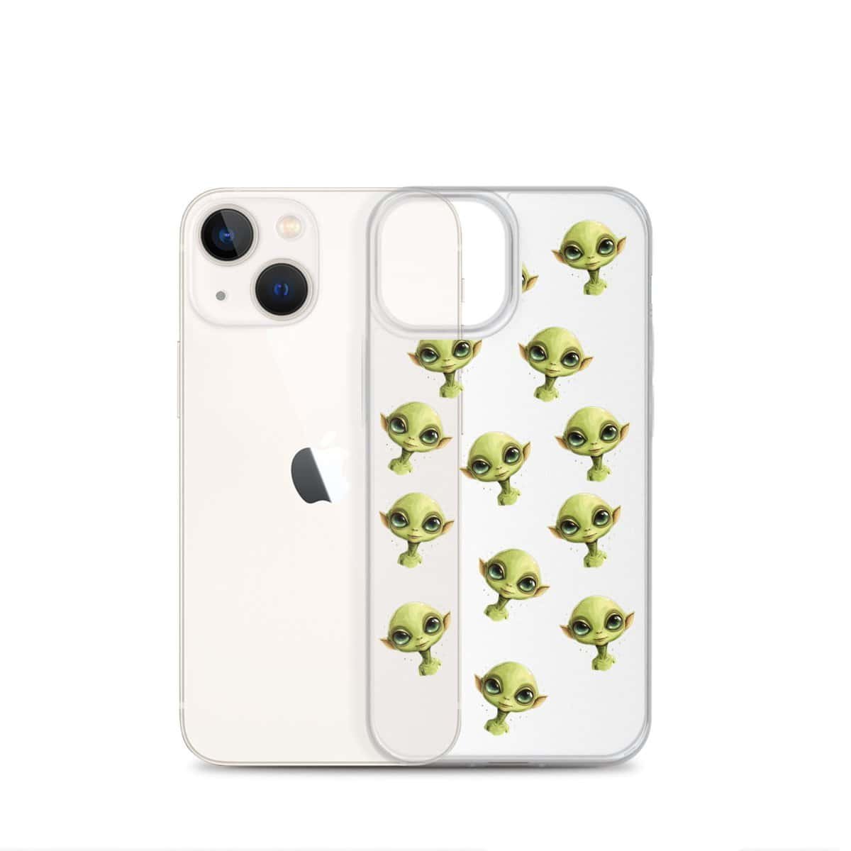 A white iPhone case with green aliens on it.