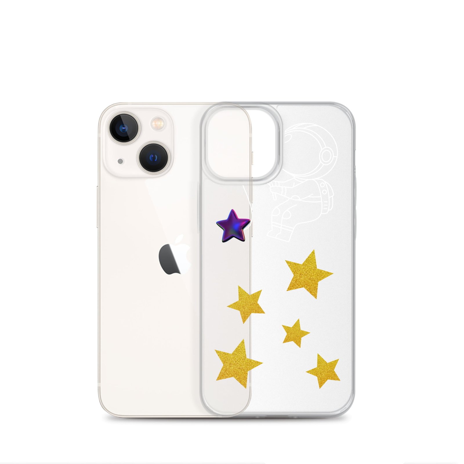 A Starry Night inspired clear iPhone case adorned with twinkling stars, perfectly complementing your sleek black iPhone.