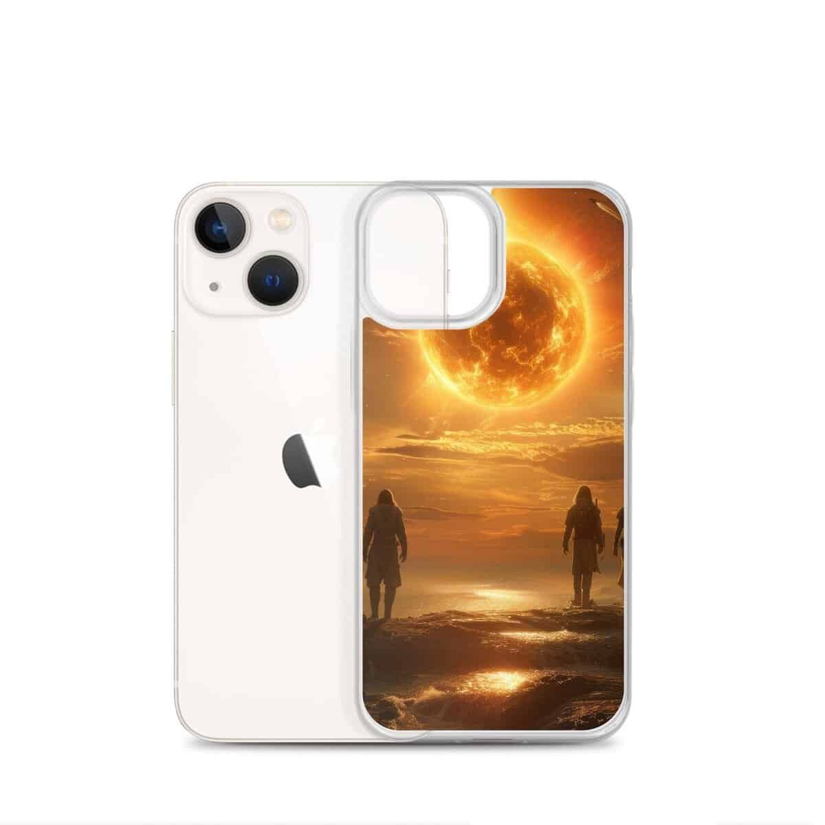 A future us iPhone case with an image of two people walking on the beach with the sun behind them.