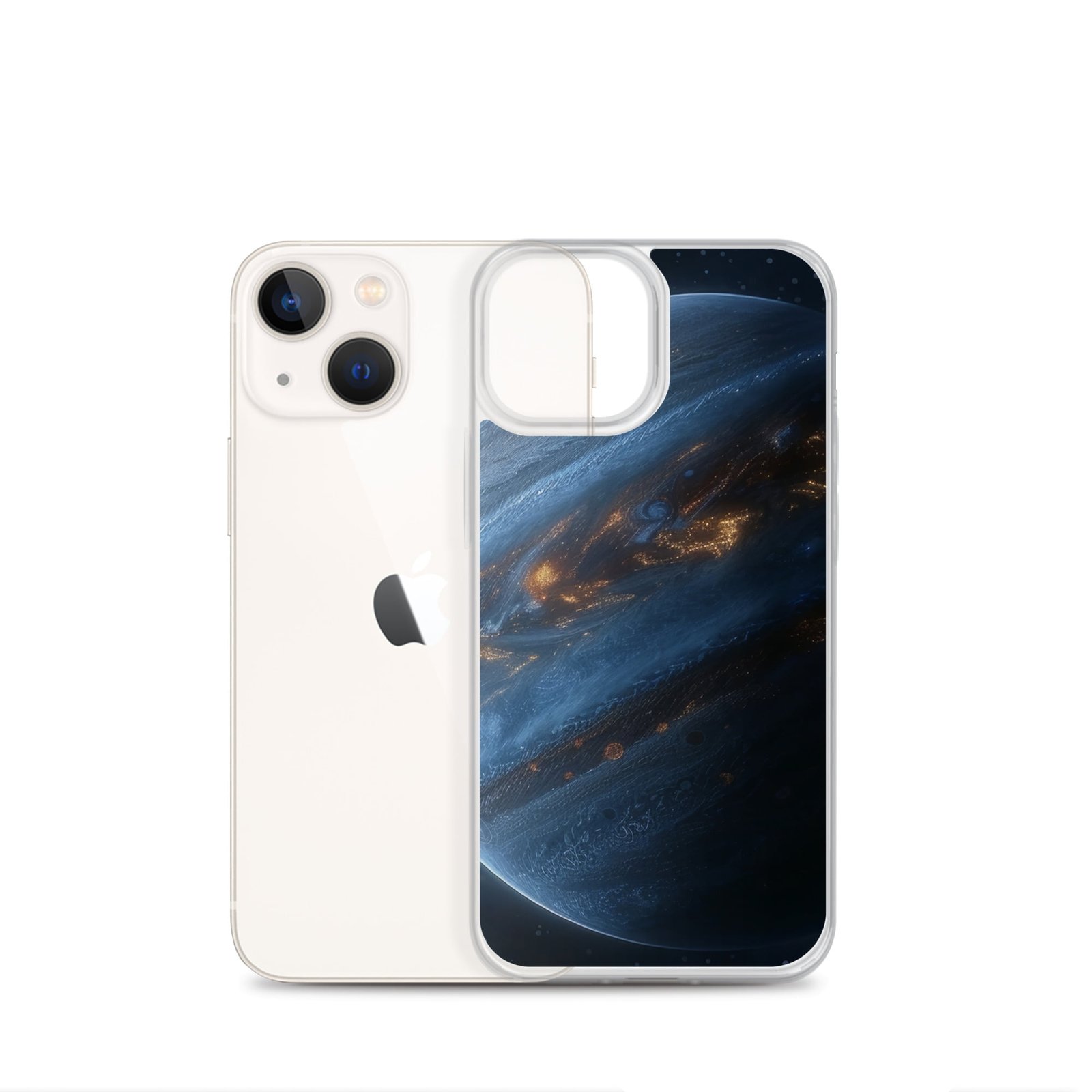 A clear iPhone case featuring an image of the planet Jupiter.