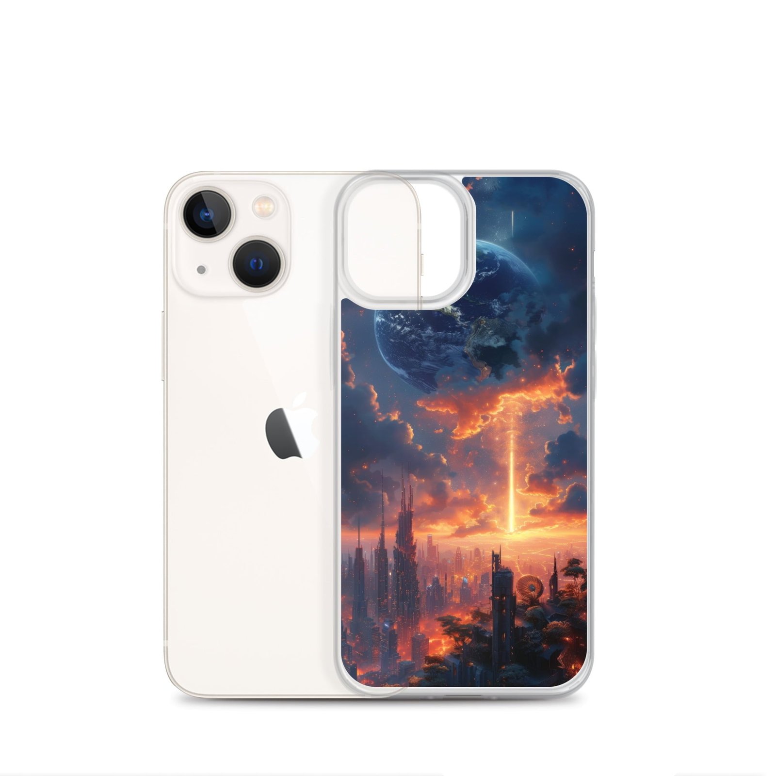 A clear iPhone 11 case with an image of a sunset.