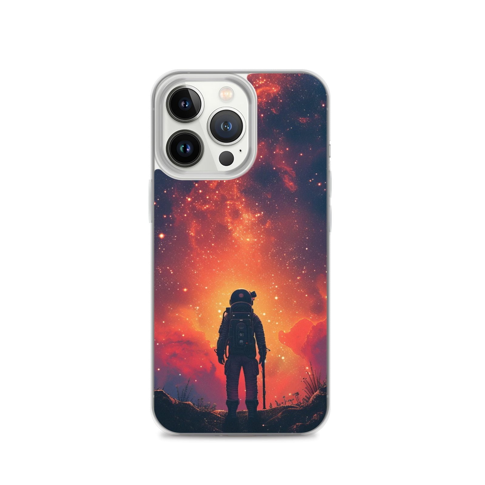 A clear phone case with a man in space and a starry sky, designed specifically for iPhone.