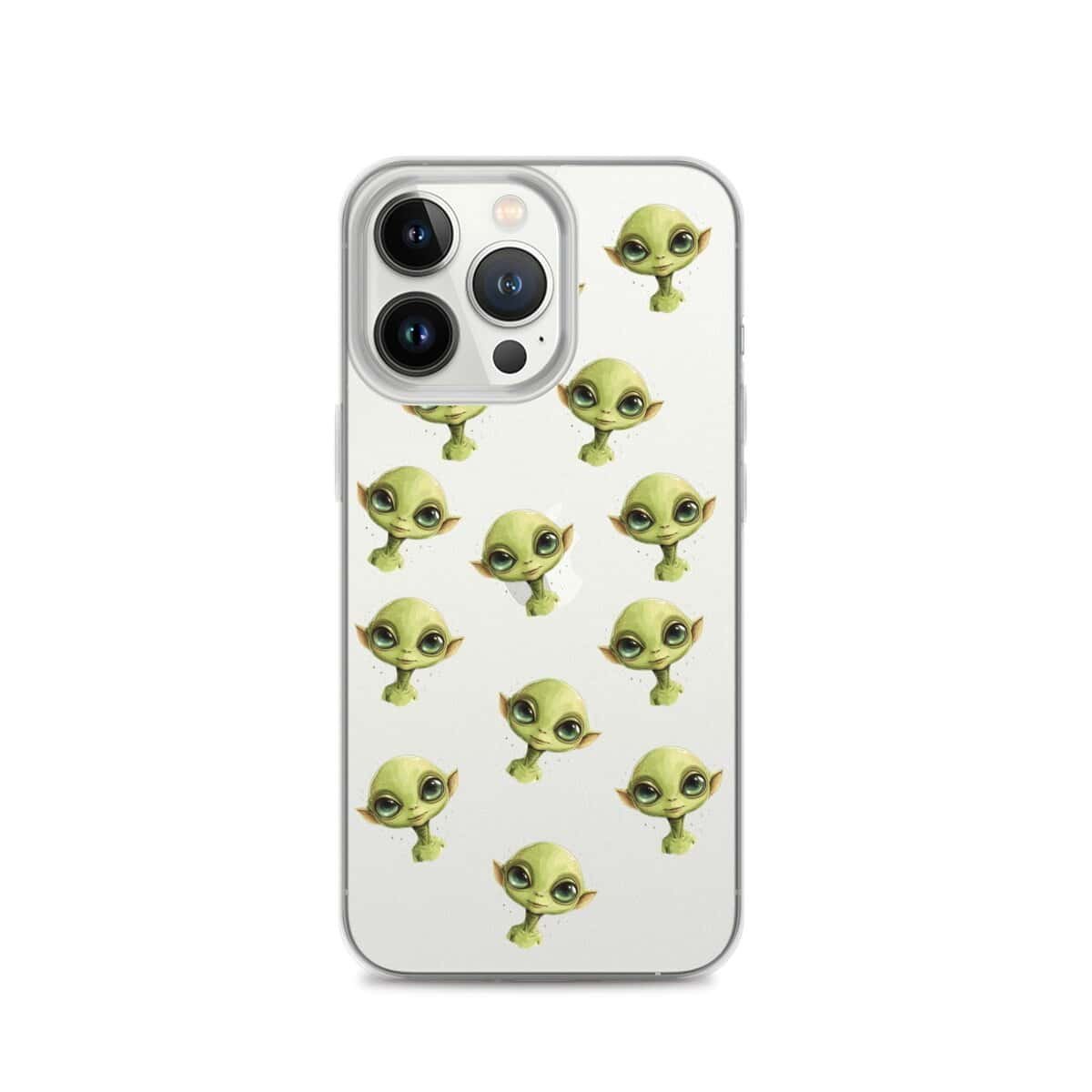 A phone case featuring a vividly green alien face on a clear background.