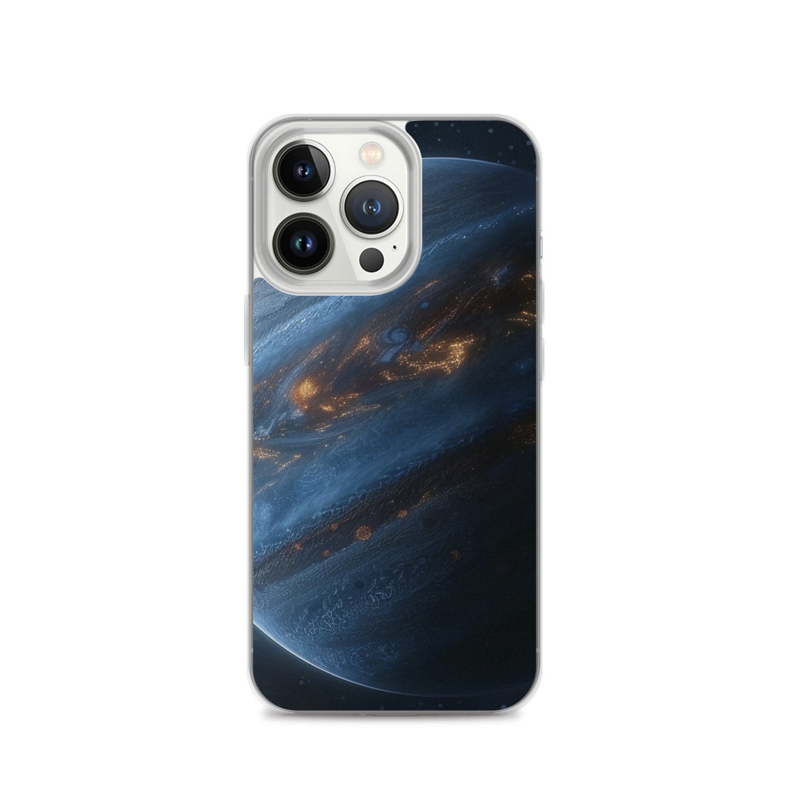 A clear iPhone case featuring an image of the planet Jupiter.