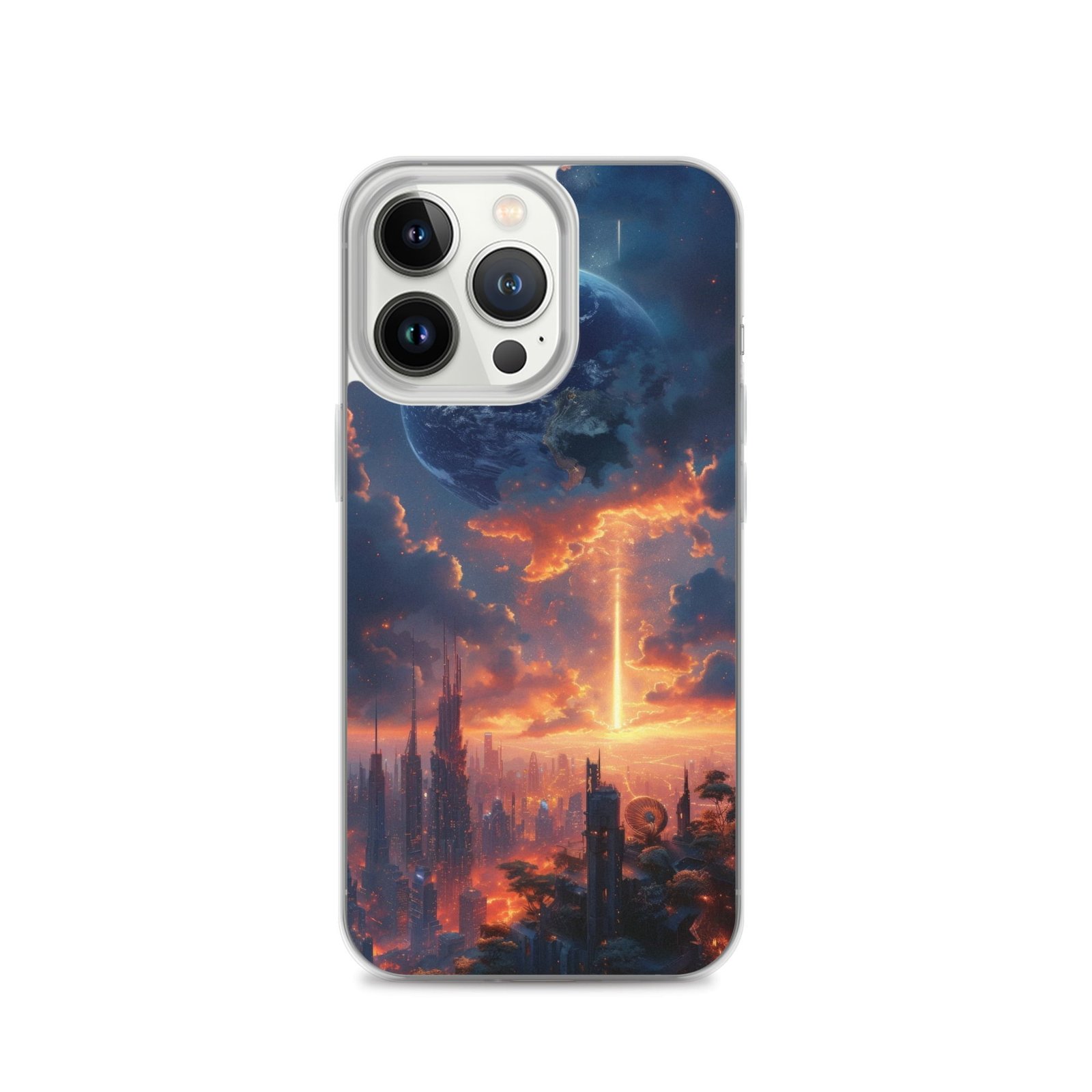 An iPhone clear case with an image of a city at sunset.