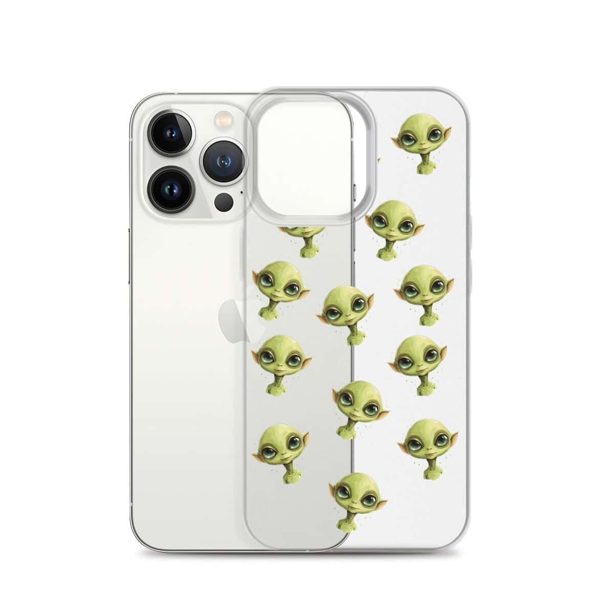 An iPhone case featuring a green alien face.