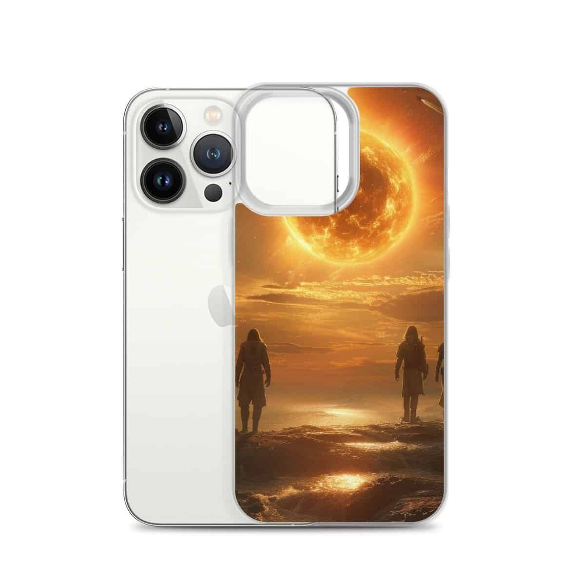 Two people, with their Future Us iphone case, standing on the beach in front of the sun.