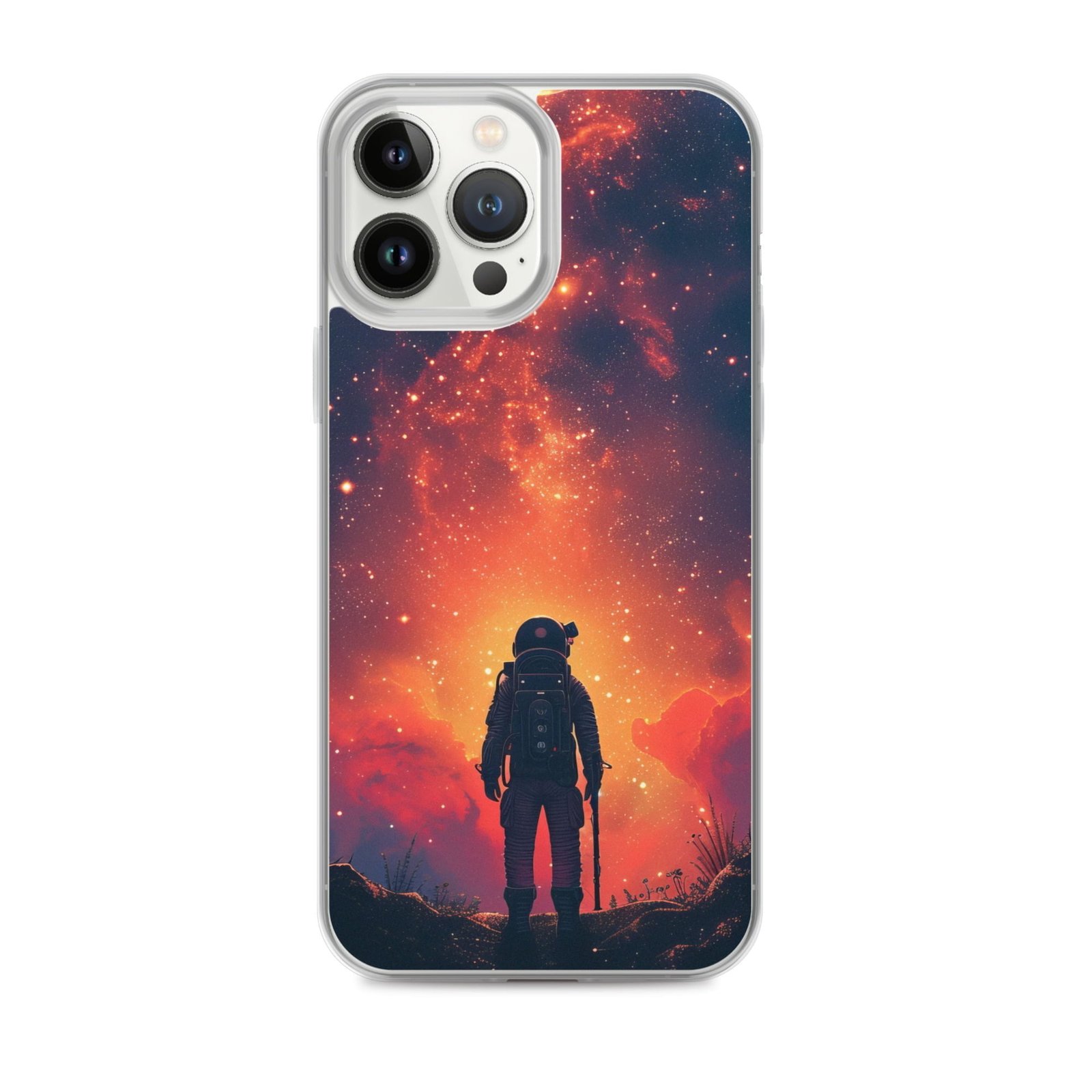 An iPhone clear case featuring a man in space standing in front of a starry sky.