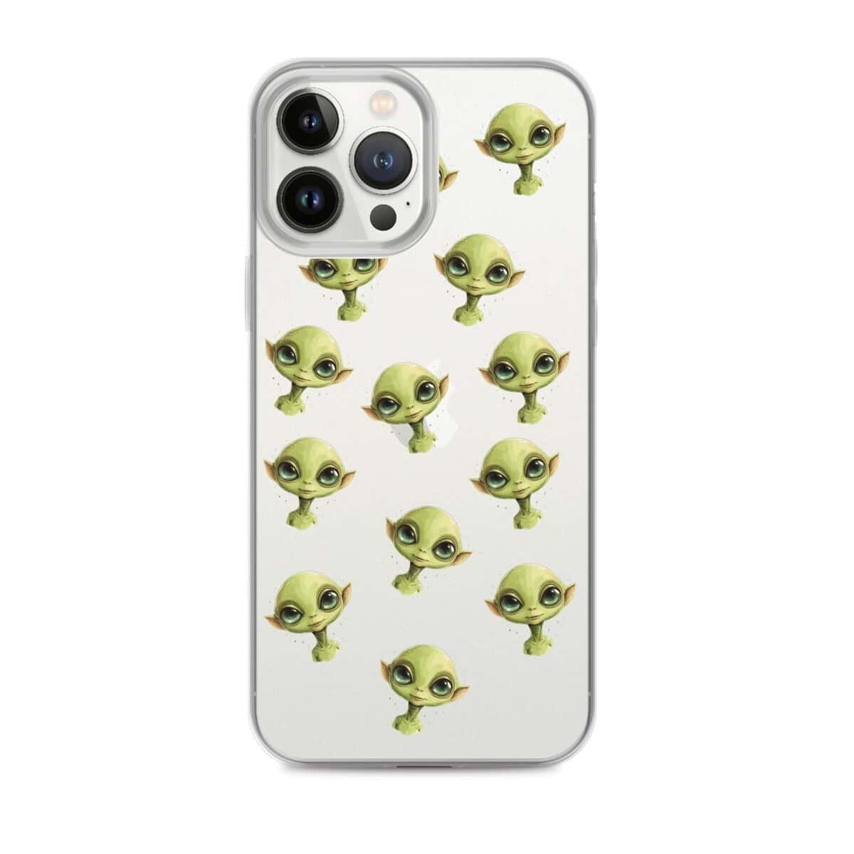 A clear phone case with aliens on it.