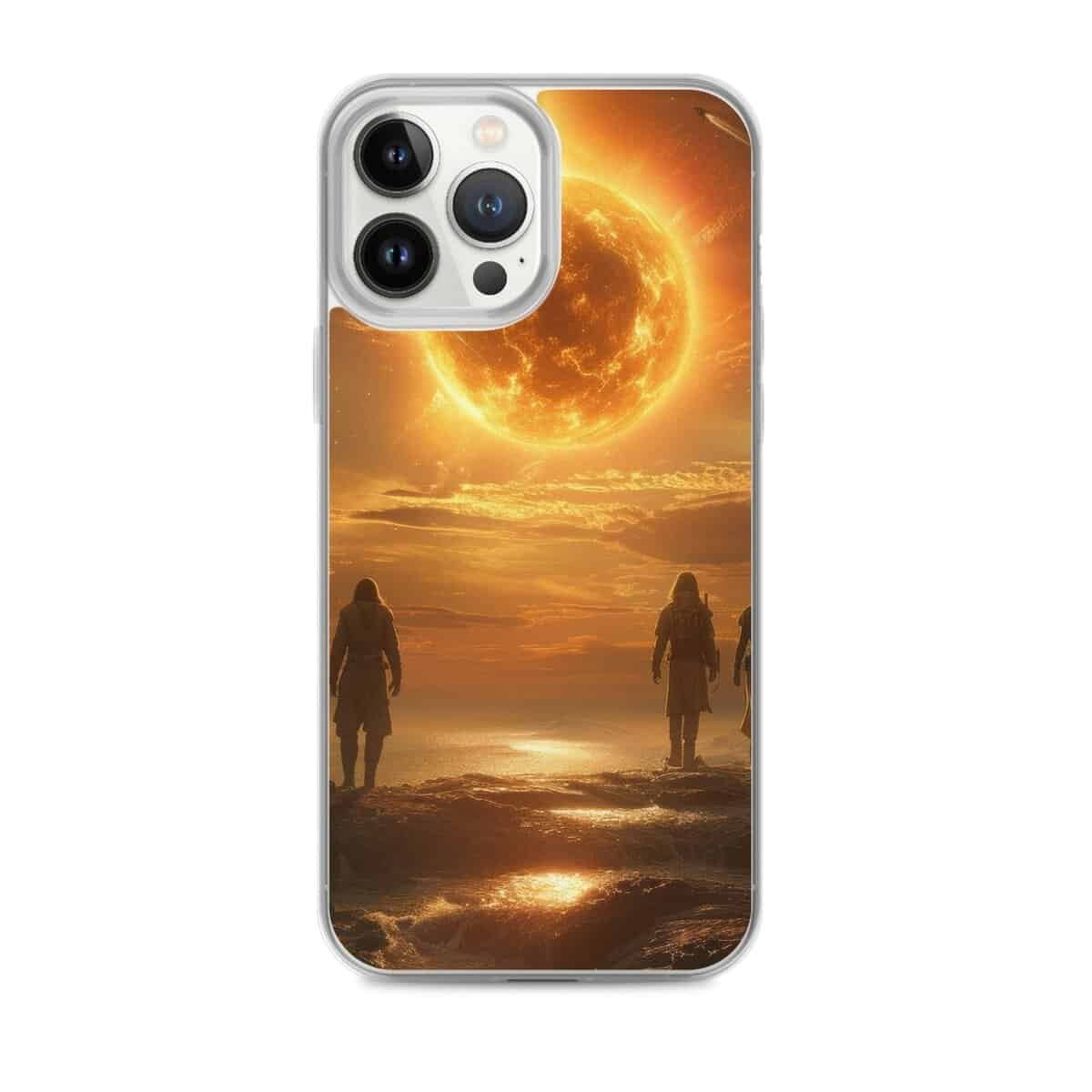 Two people walking on the beach with the sun behind them, carrying their iPhone 11 Pro in a clear case.