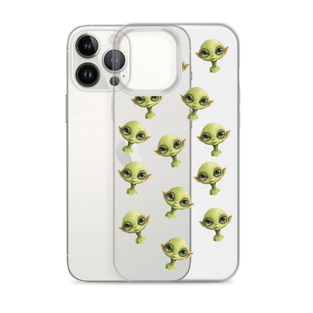 A clear phone case featuring a vivid green alien face.