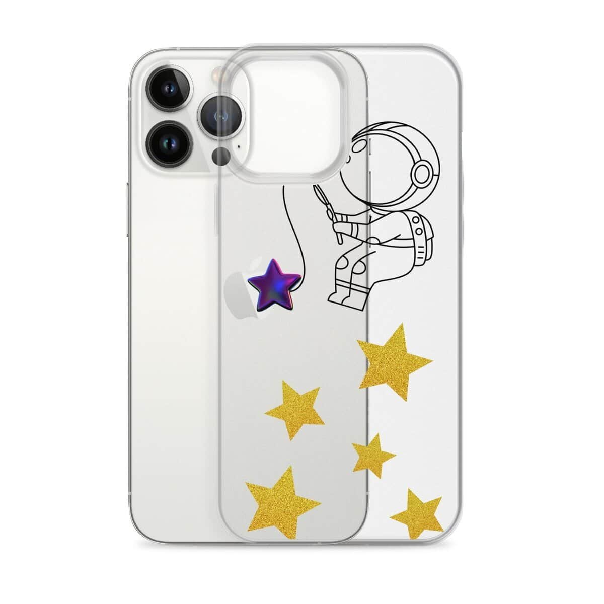 एक पारदर्शी आईफोन केस जिस पर तारों को पकड़ते हुए एक अंतरिक्ष यात्री की आकृति बनी हुई है।