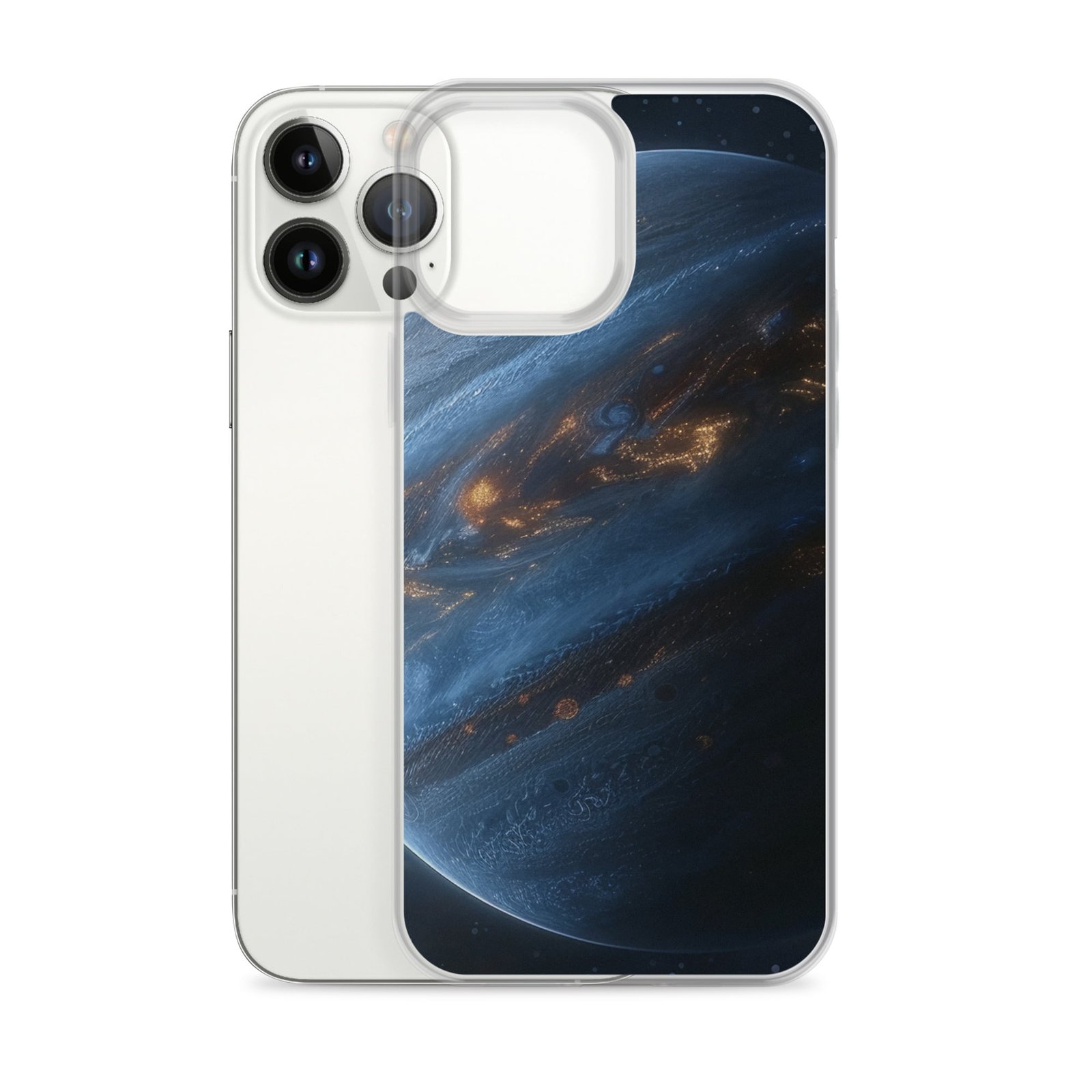 A clear iPhone case featuring a vivid image of the planet Jupiter.