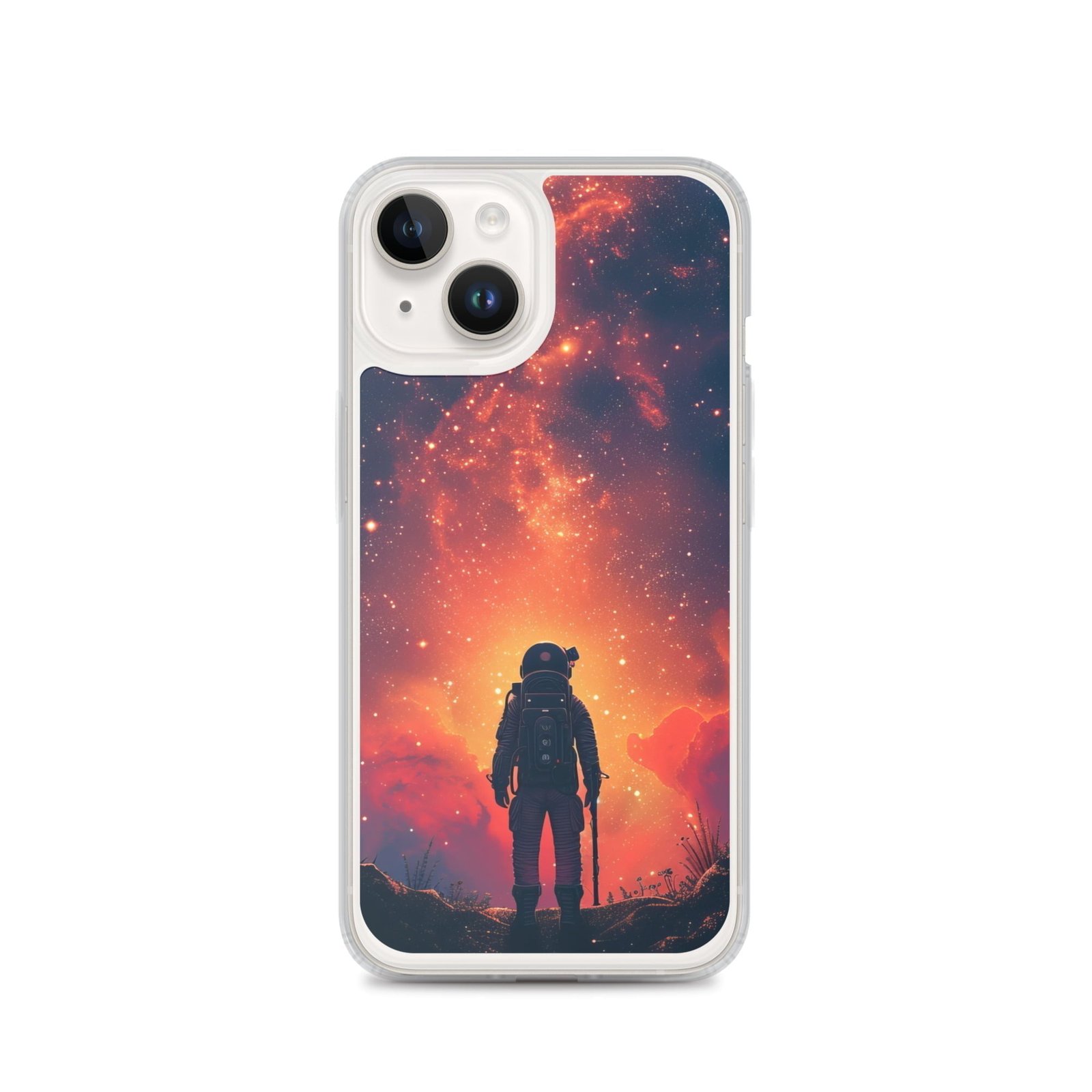 A Clear Case featuring a man in space standing in front of a starry sky, specially designed for iPhone.