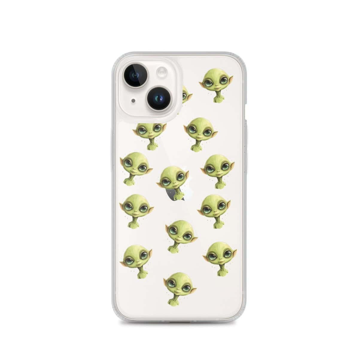 A clear iPhone case with green alien faces on it.