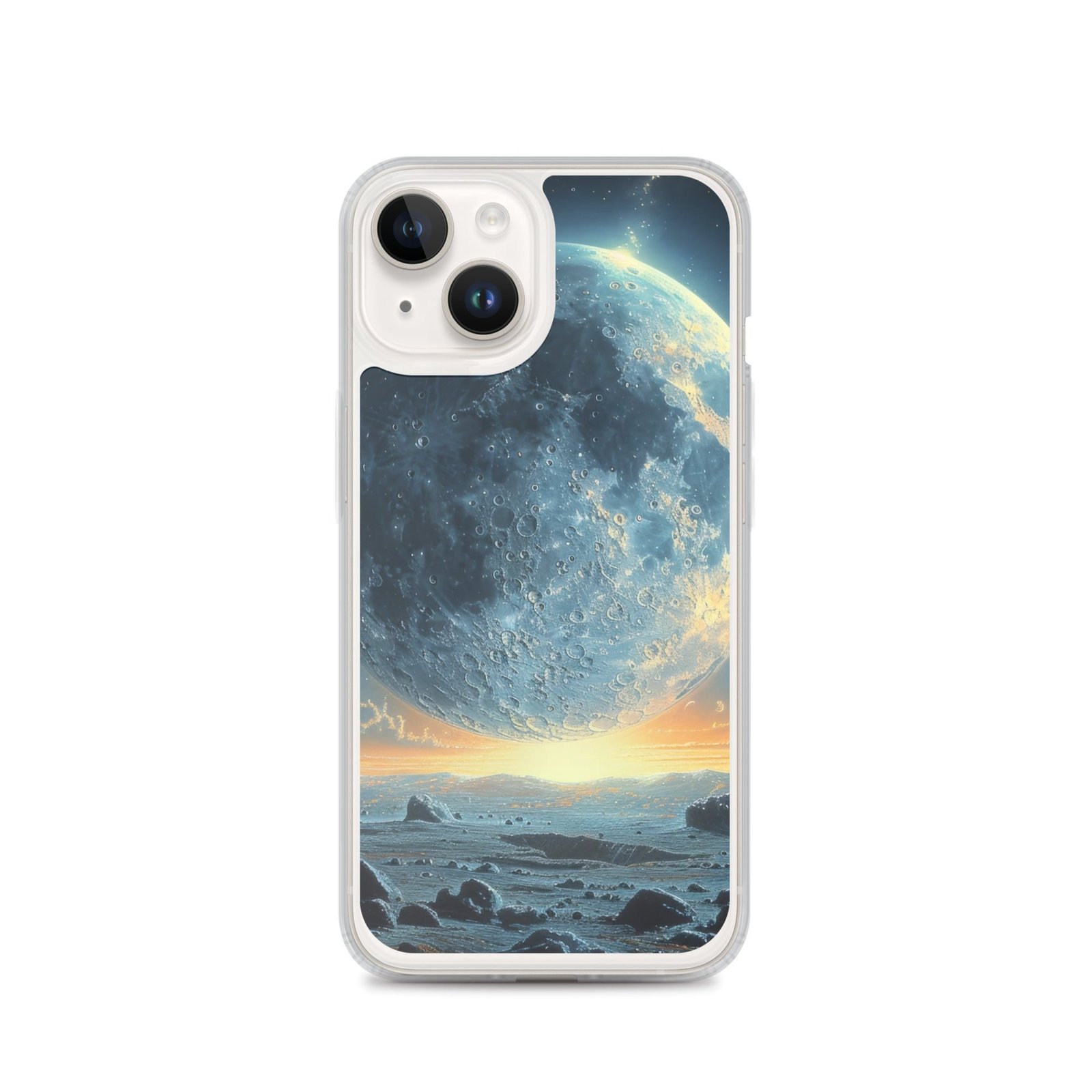 A clear phone case with an image of the moon and stars, perfect for iPhone users who want to feel closer to the moon.