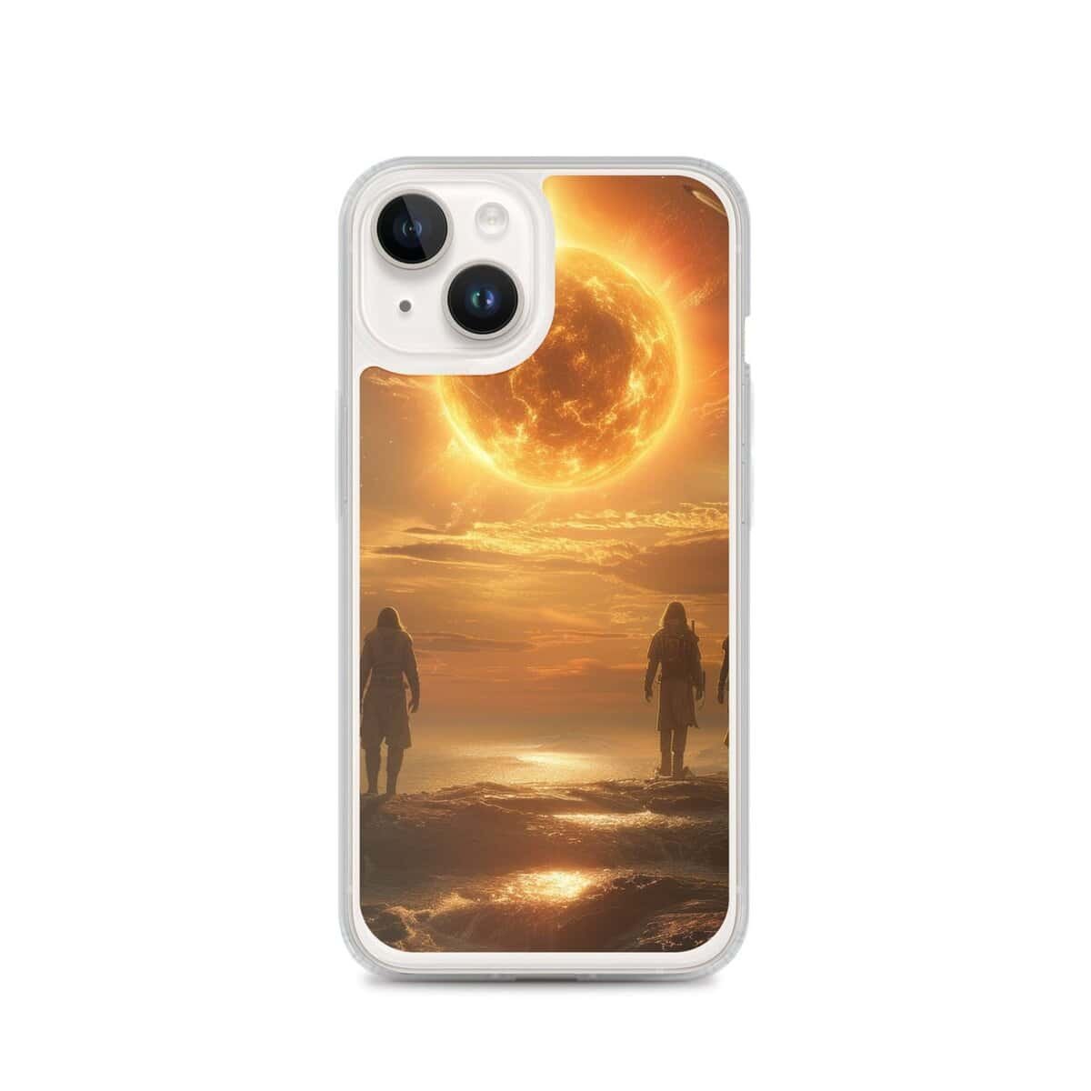Two people standing on the beach with the sun behind them, iPhone 11 Pro Sun Clear Case.