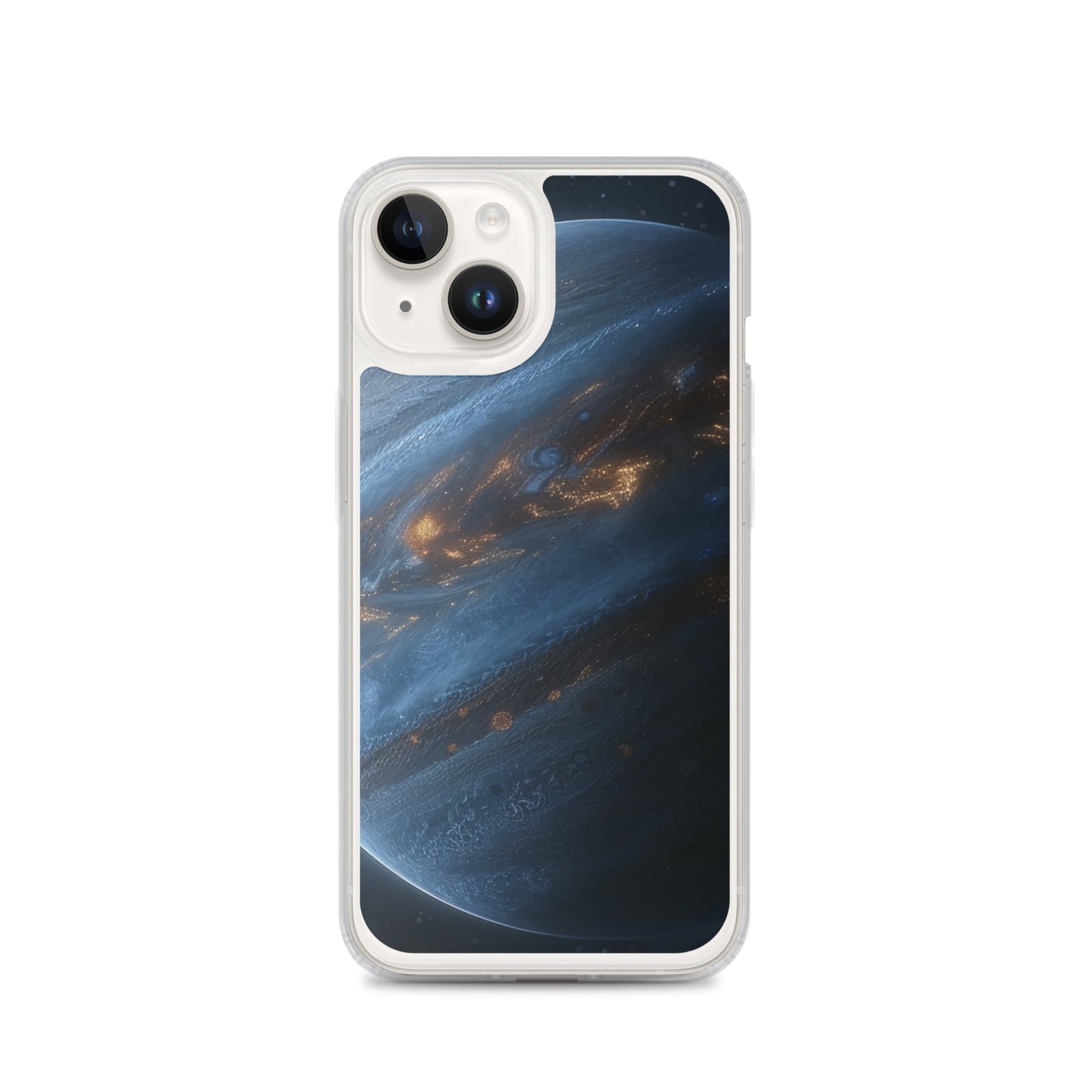 A clear iPhone case featuring an image of the planet Jupiter.