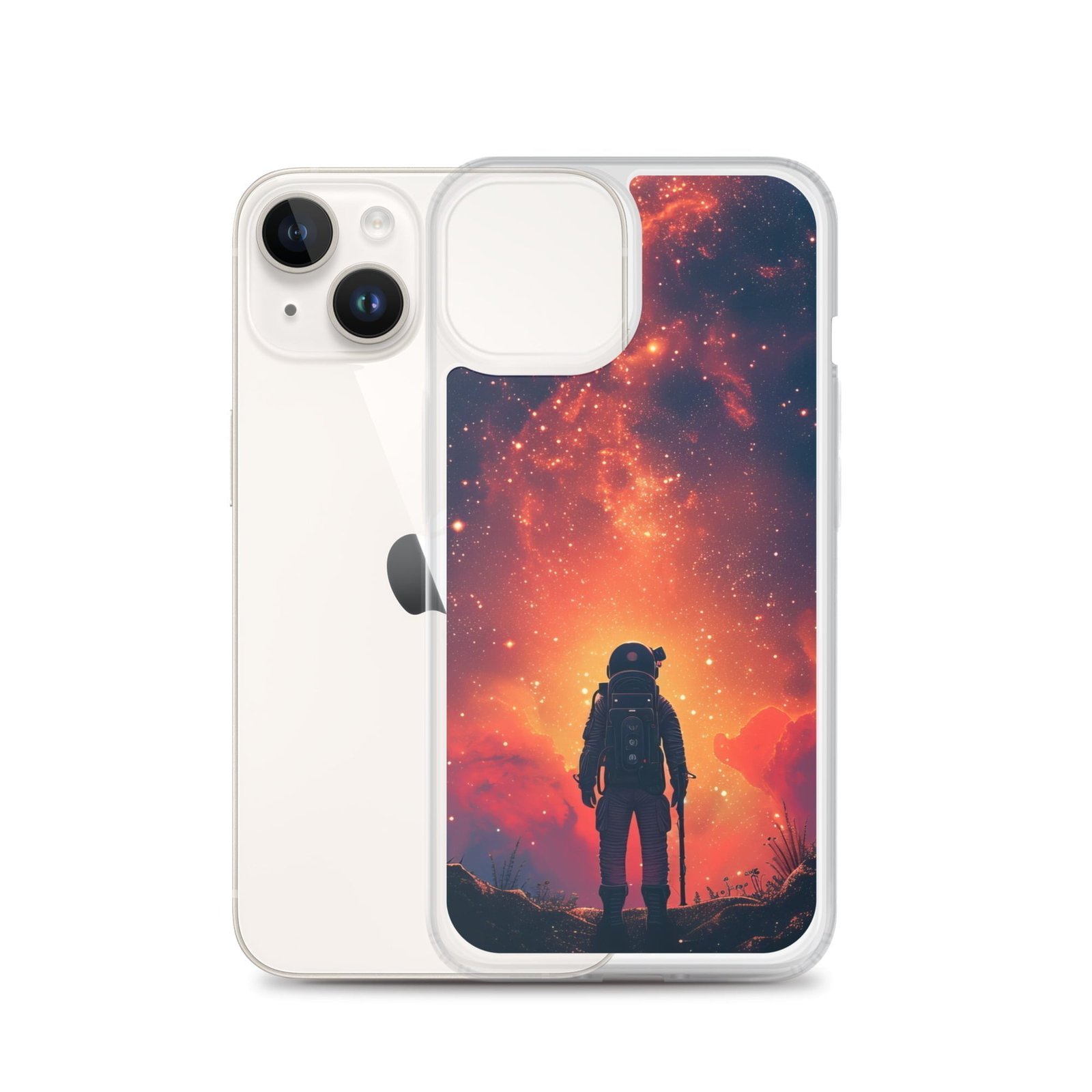 A clear iPhone case featuring an astronaut in space.