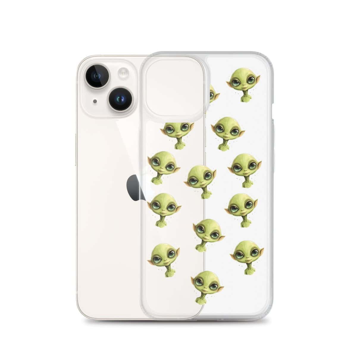 A clear cell phone with a green alien face on it.