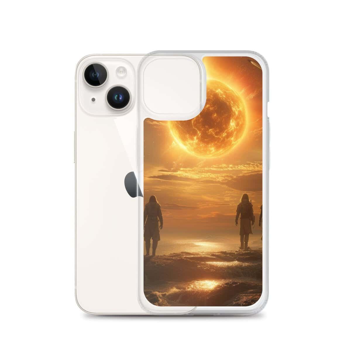 Two people standing on the beach with the Sun Clear Case iPhone case.