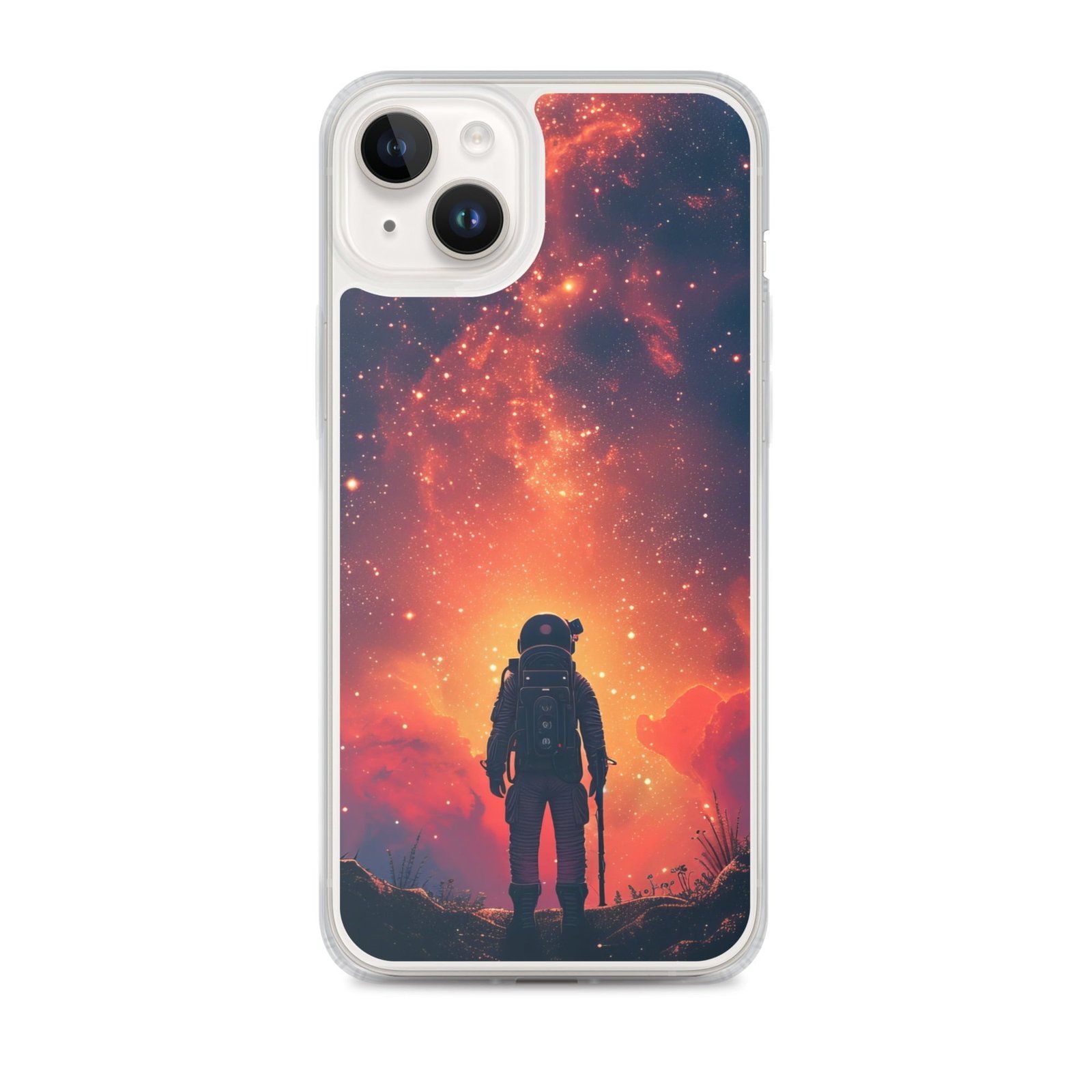 A clear iPhone case with an astronaut in space looking at the stars.