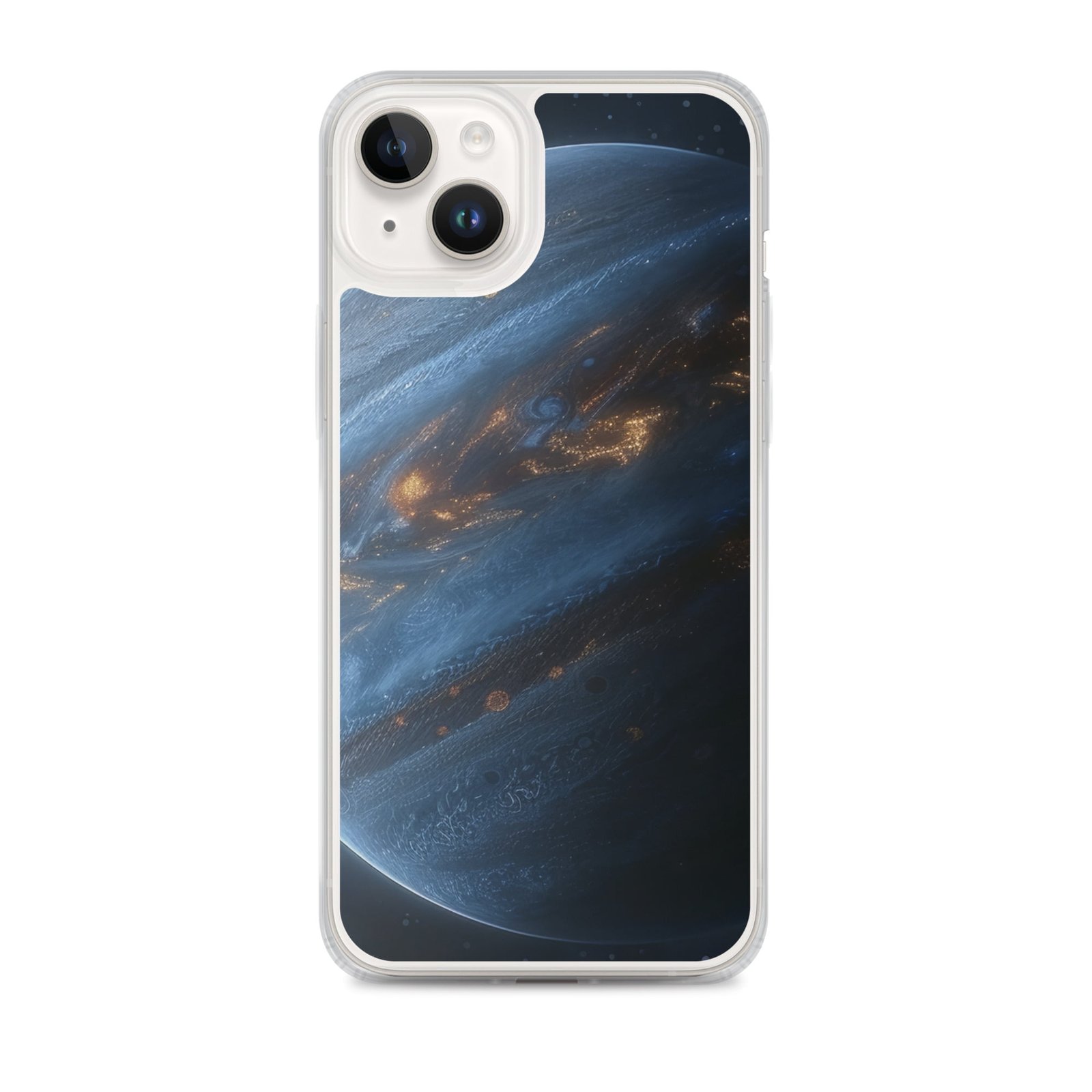 A clear iPhone case featuring an image of the planet Jupiter.