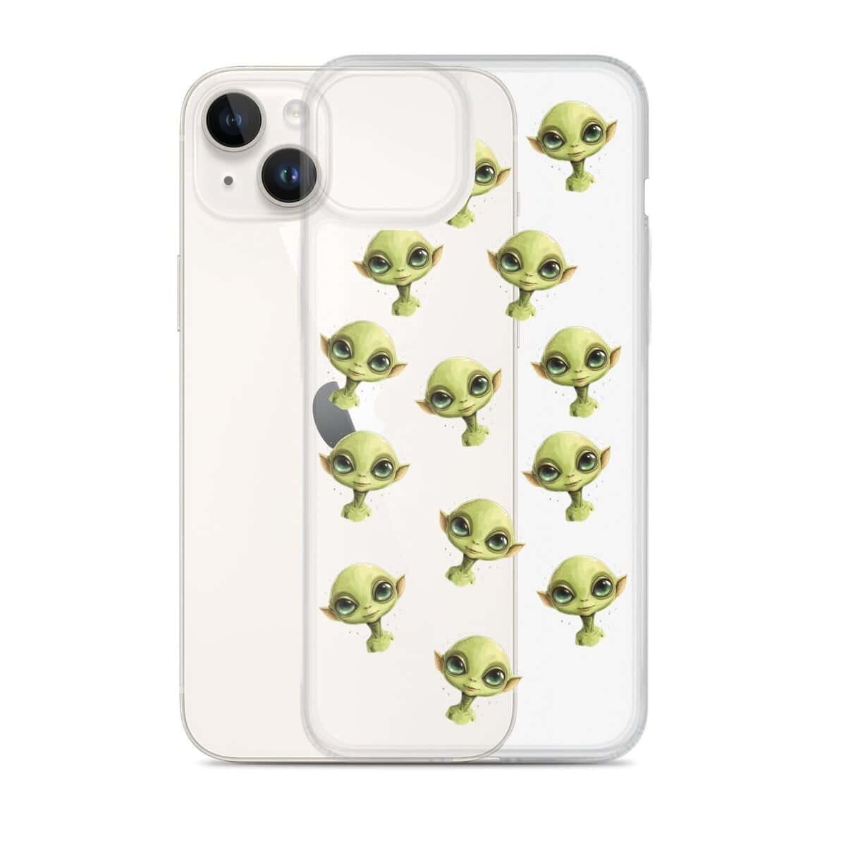 A clear iPhone case adorned with green alien faces.