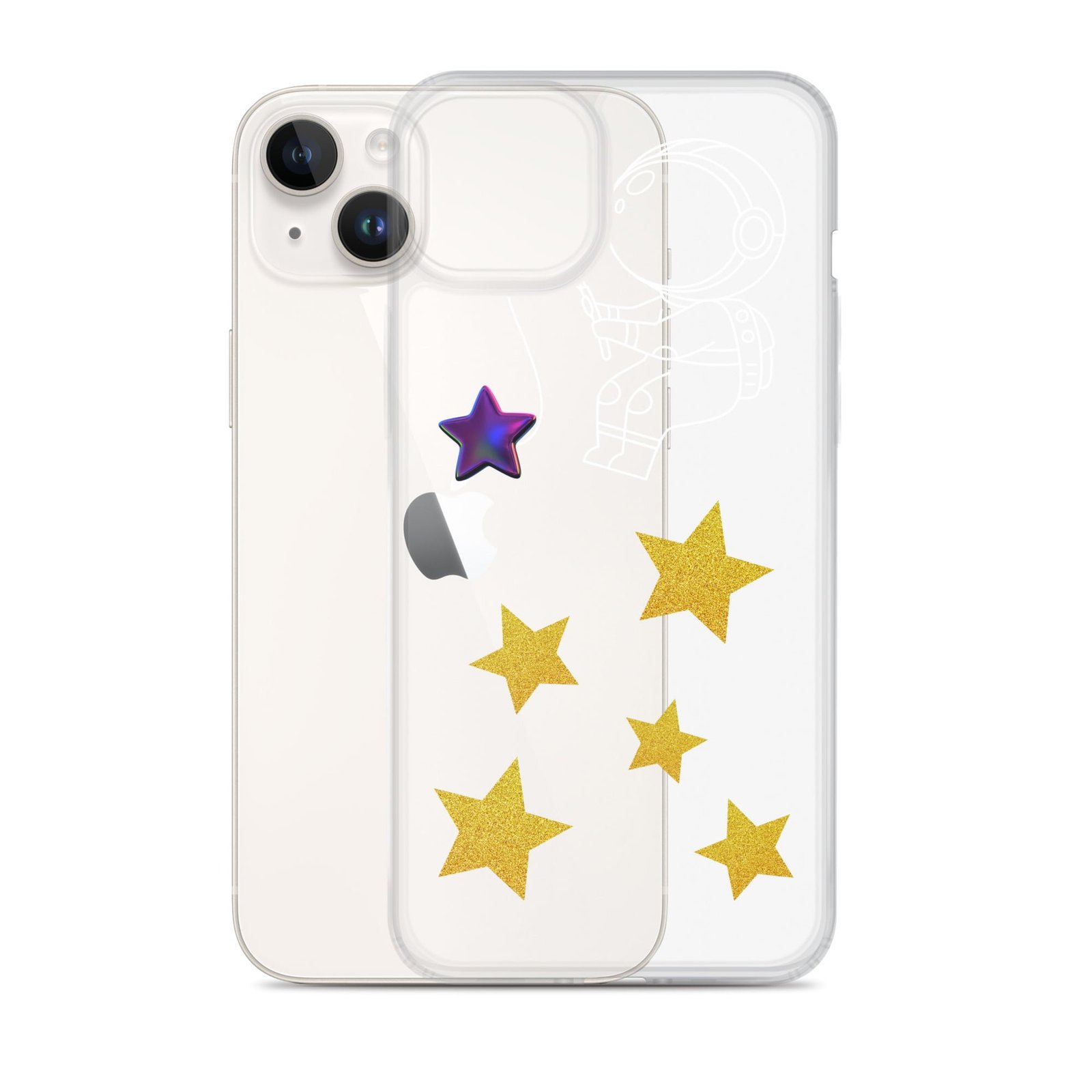 A Starry Night-inspired clear iPhone case adorned with delicate stars.