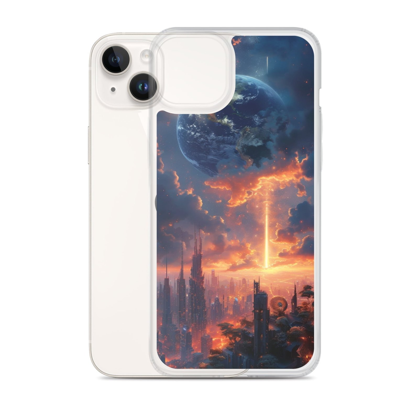 A clear iPhone case with an image of a city at sunset.