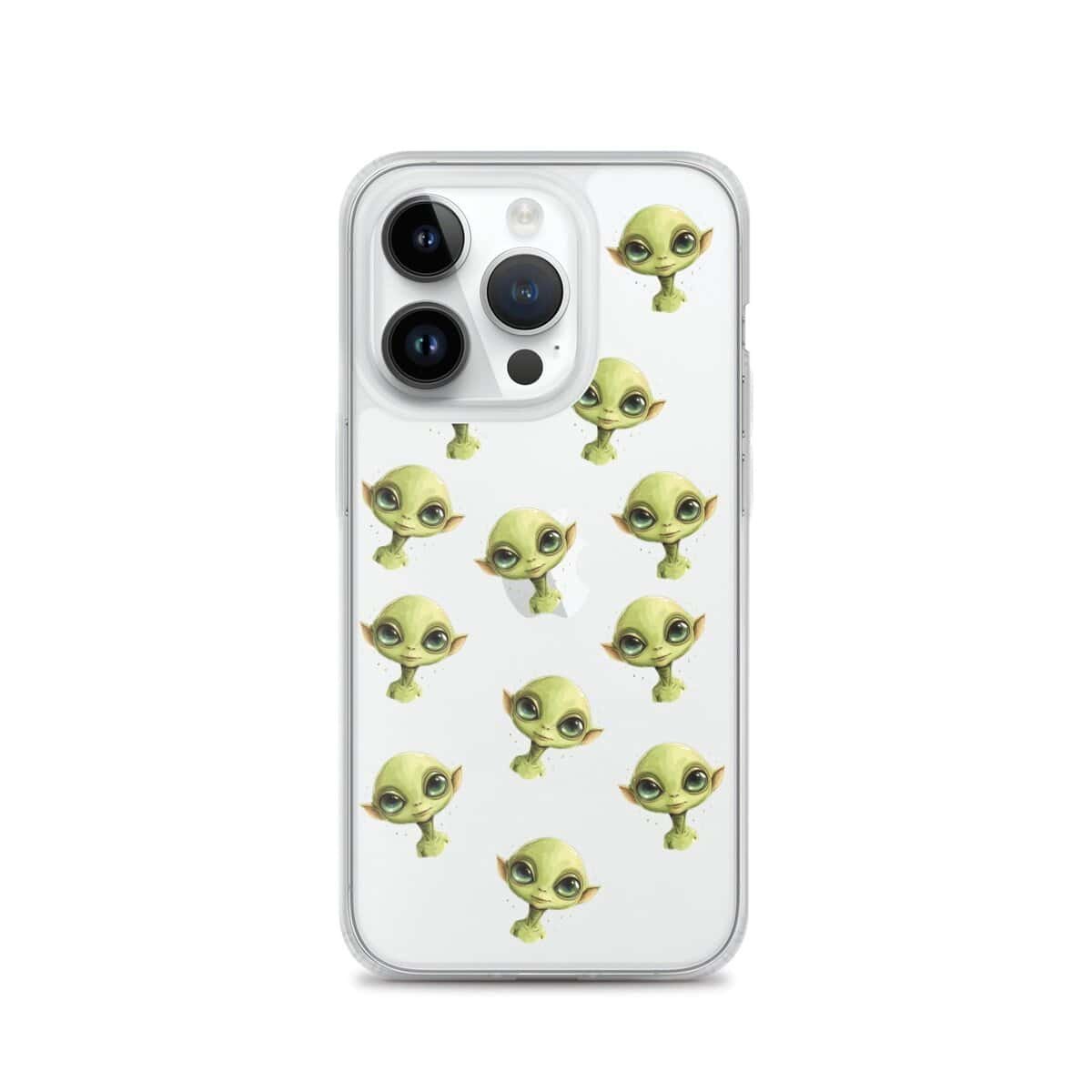 A white iPhone case with green alien faces on it.