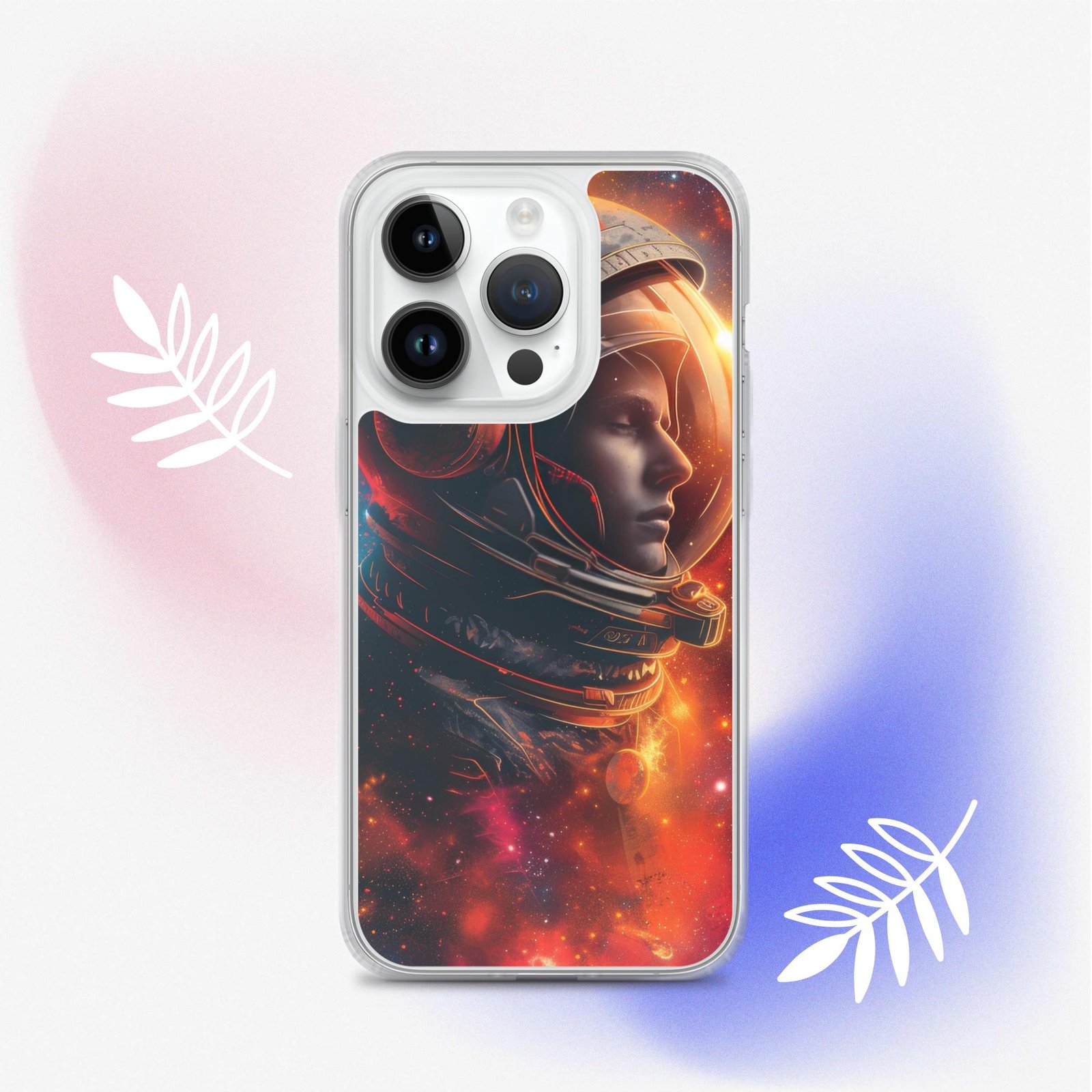 An astronaut phone case featuring a woman exploring the universe.