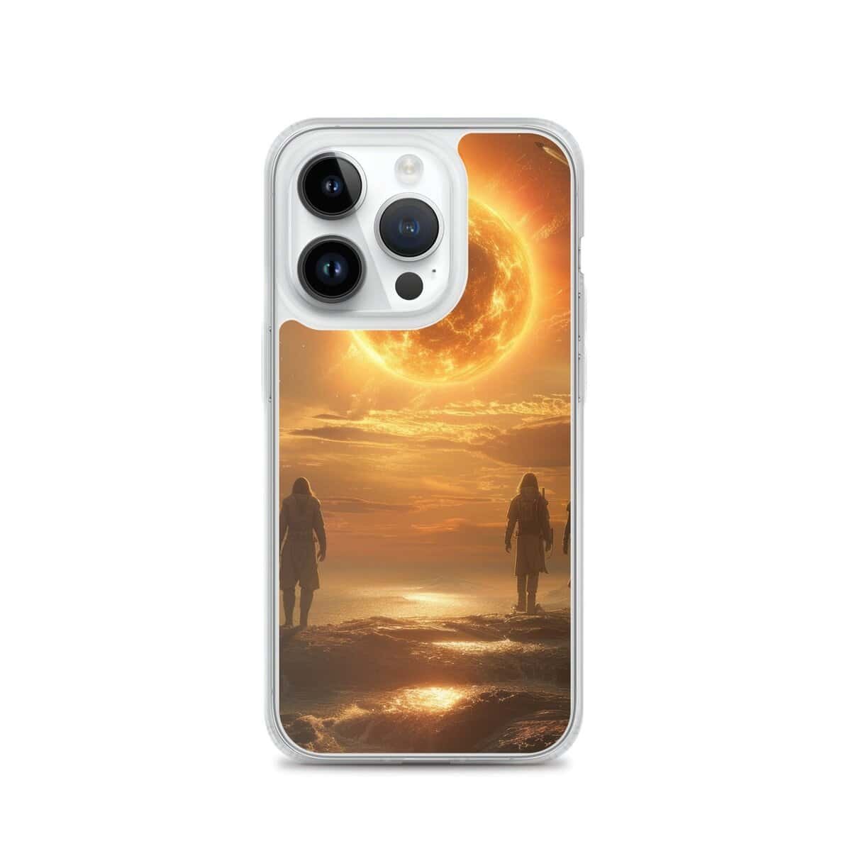 Two people standing on the beach with the sun behind them, showcasing the Future Us iPhone 11 case.