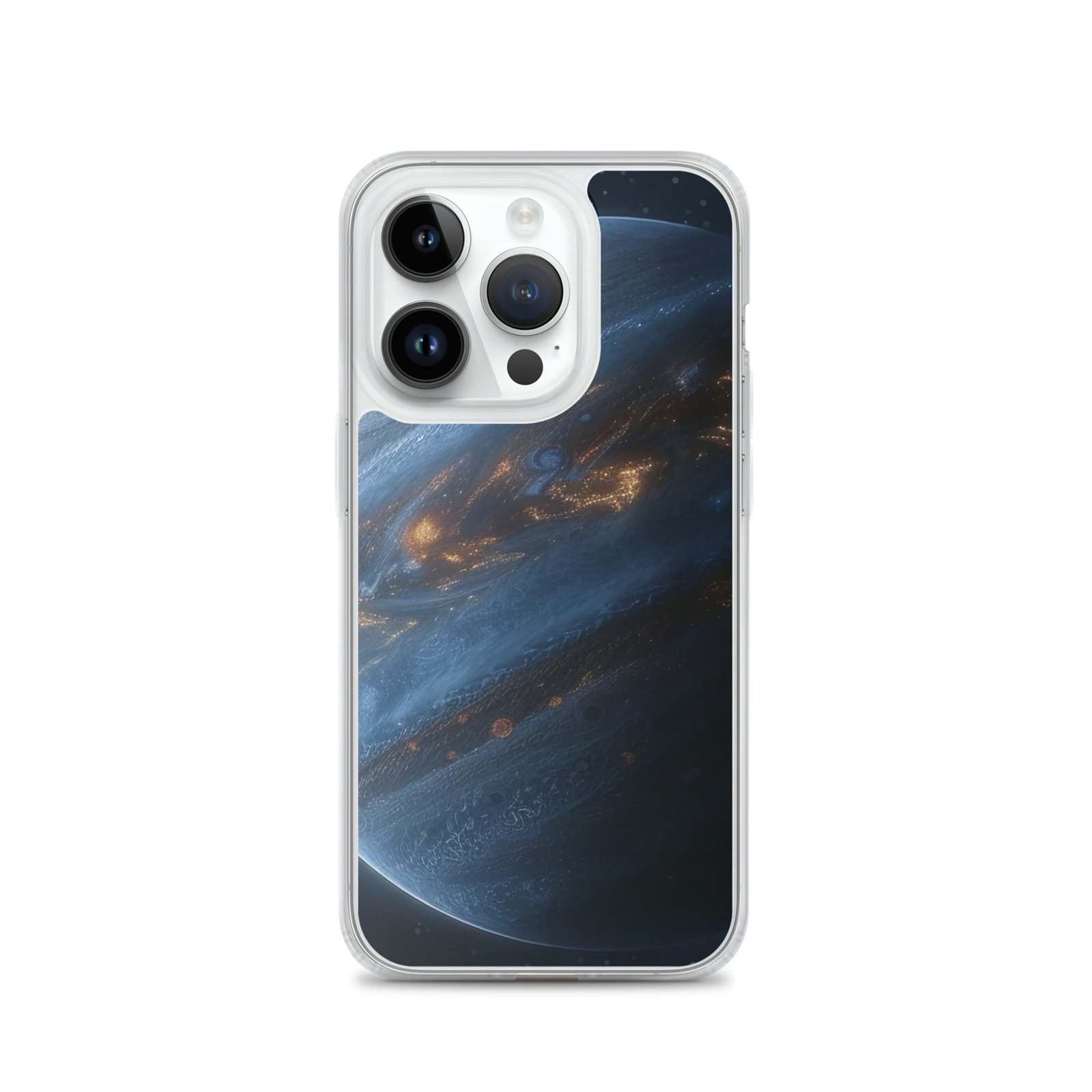 A blue iPhone case with an image of the planet Jupiter.