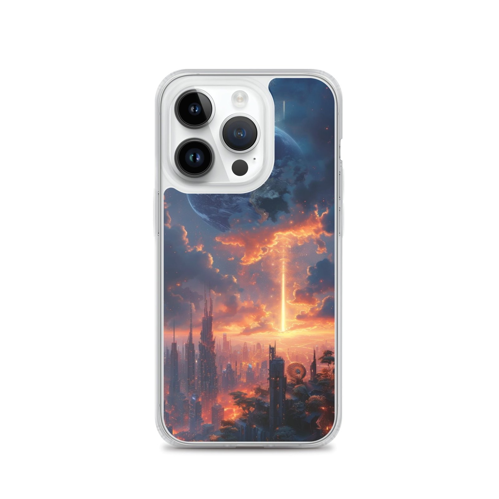 A Clear iPhone Case featuring a stunning image of a city at sunset, reminiscent of Another Earth. Perfect for SEO enthusiasts who want to protect their iPhones in style.