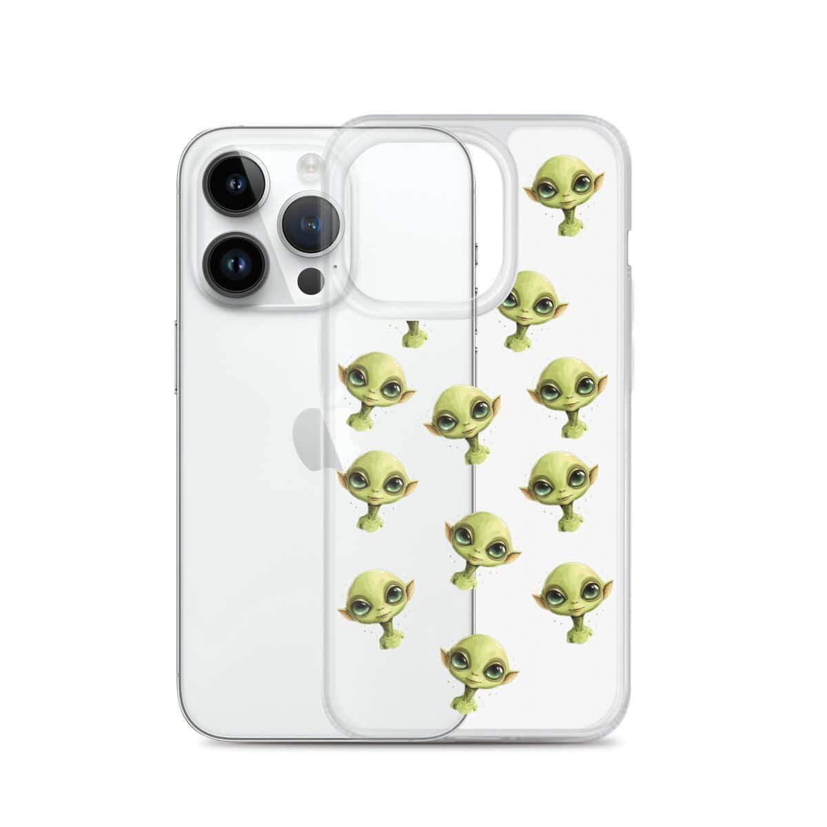 A clear iphone case with alien designs on it.