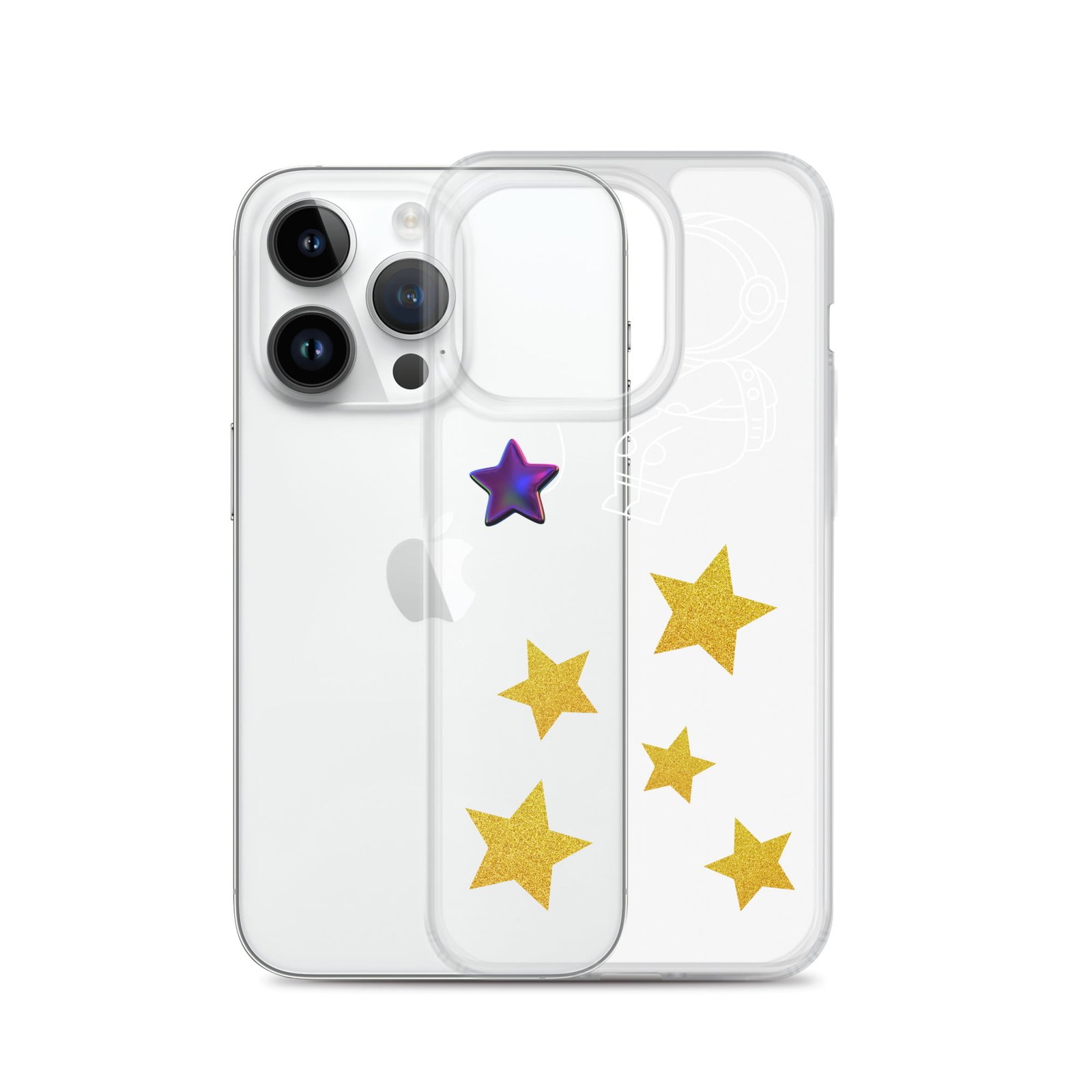 A Starry Night-inspired clear phone case adorned with stars.
