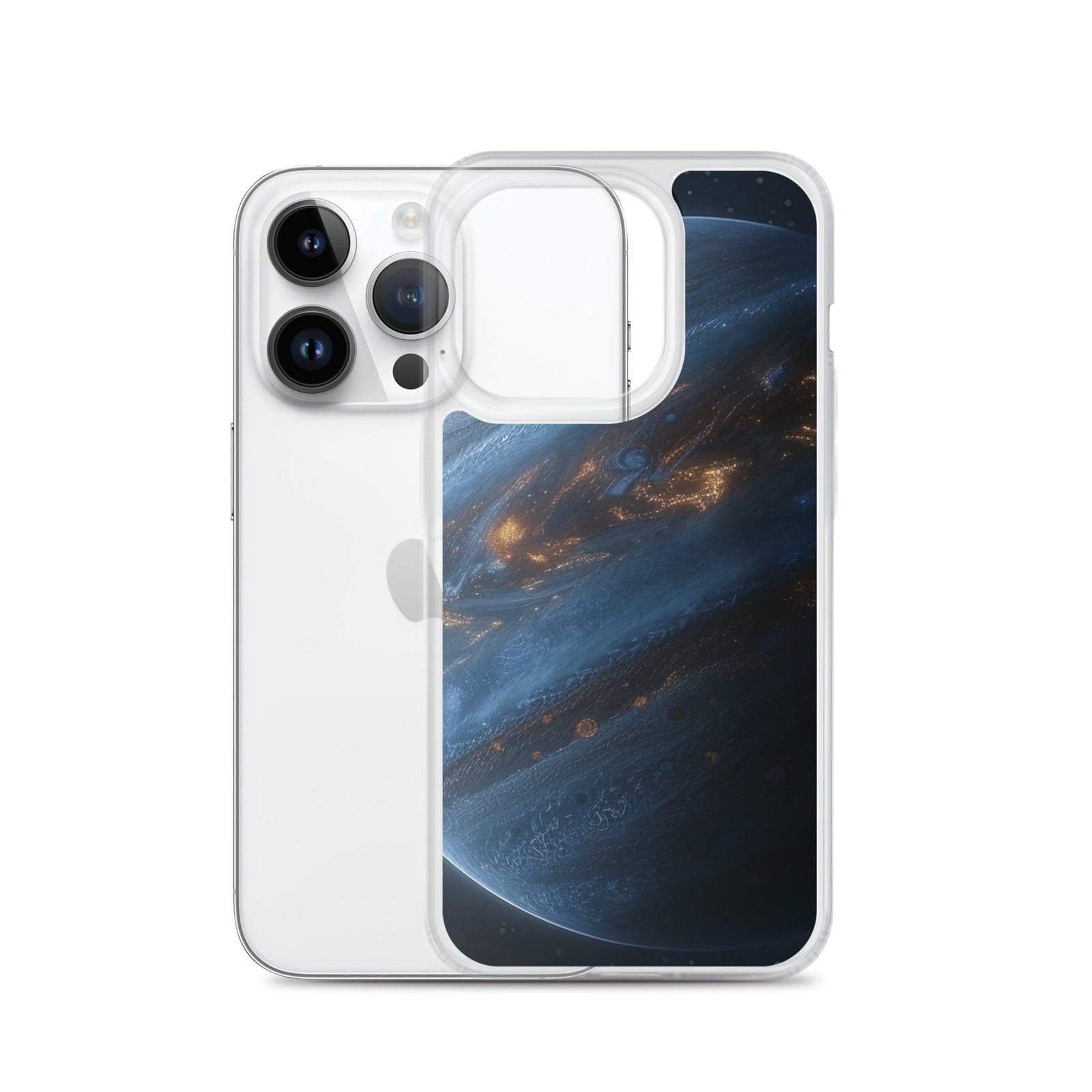 A clear iPhone case featuring an image of the planet Jupiter, showcasing its mesmerizing beauty as the New Planet.