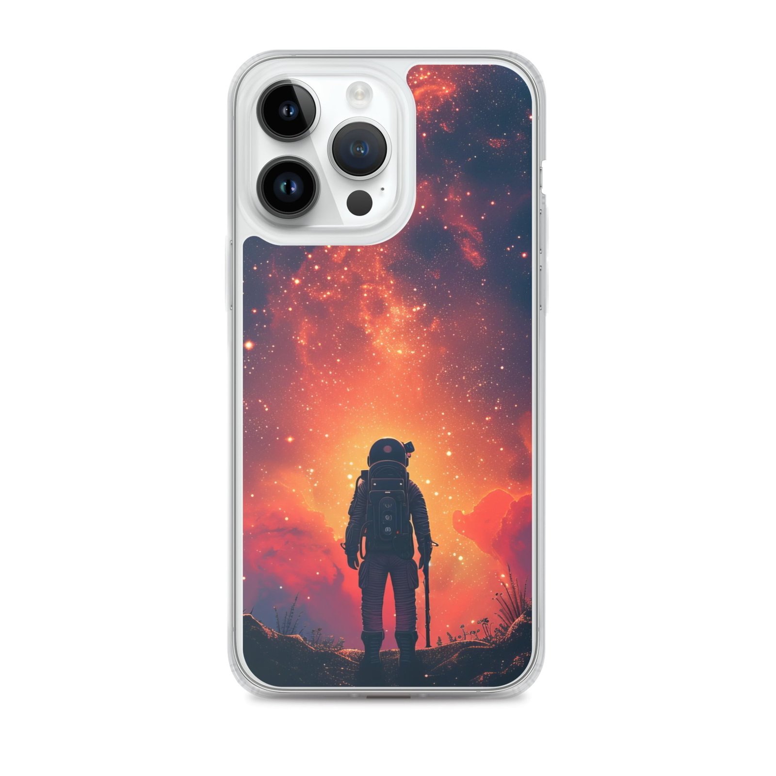 A clear iPhone case featuring a man in space standing in front of a starry sky.