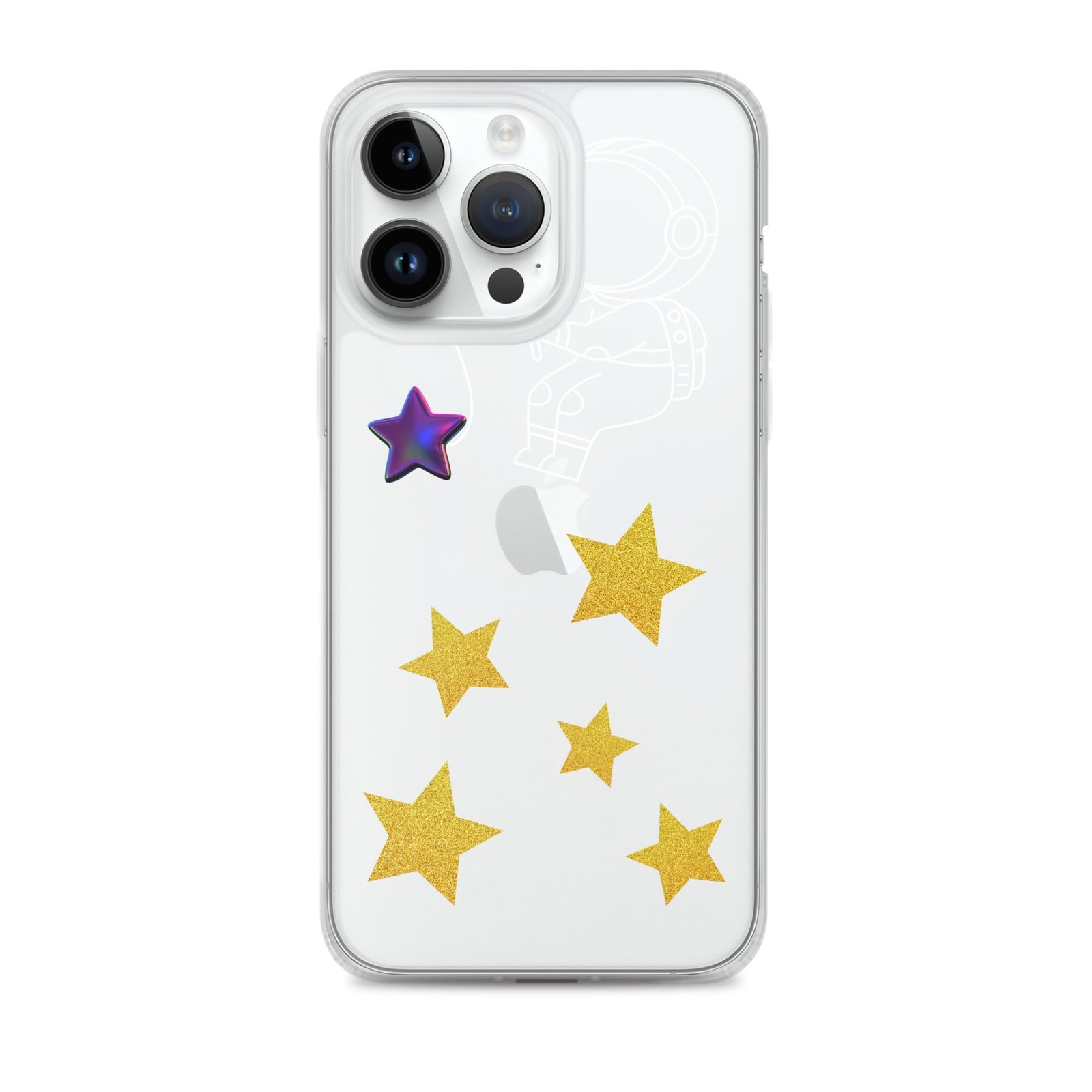 A Starry Night-inspired clear phone case embellished with stars.