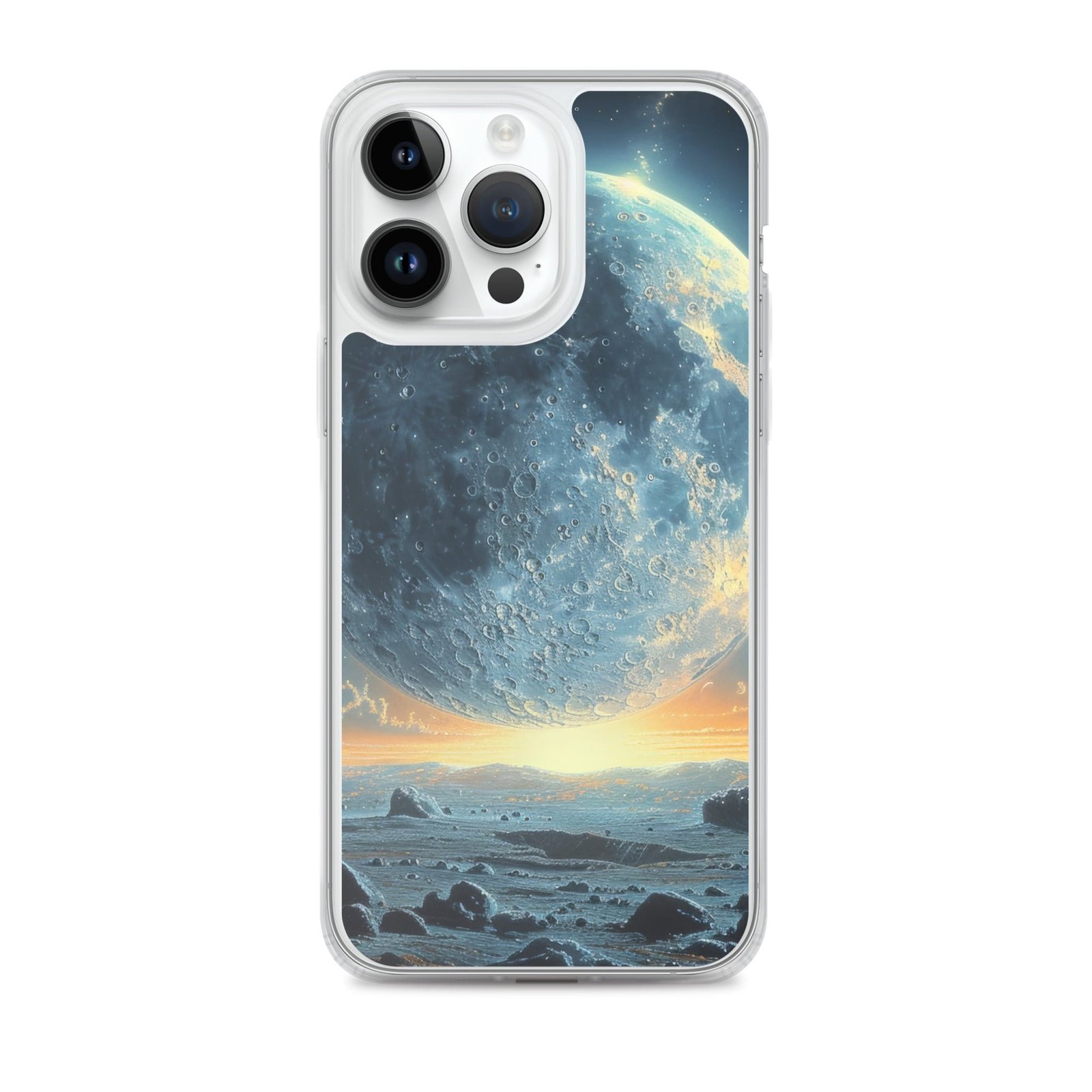 A clear iPhone case with the moon in the background.