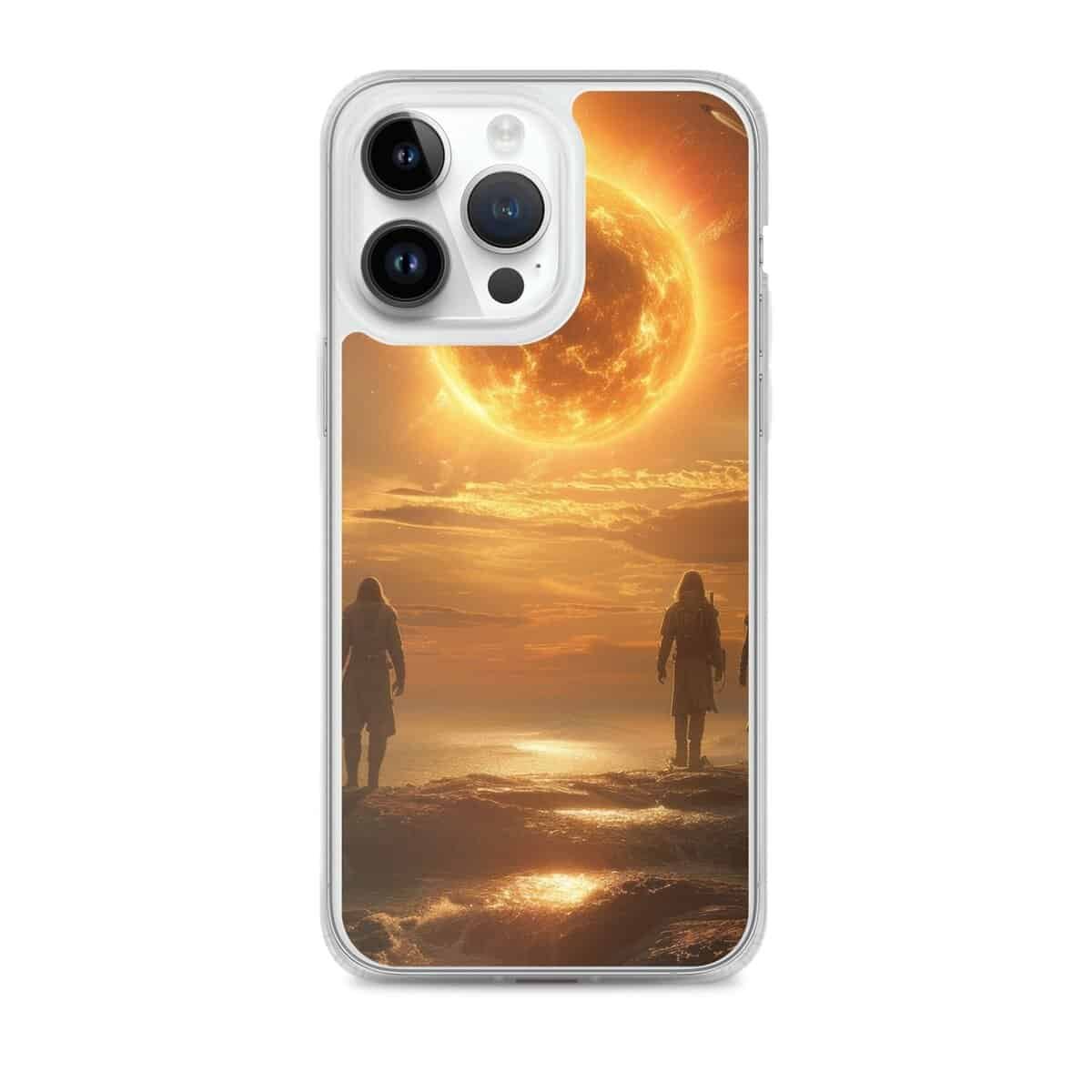 Two people standing on the beach with the sun behind them, holding an iPhone 11 Sun Clear Case.